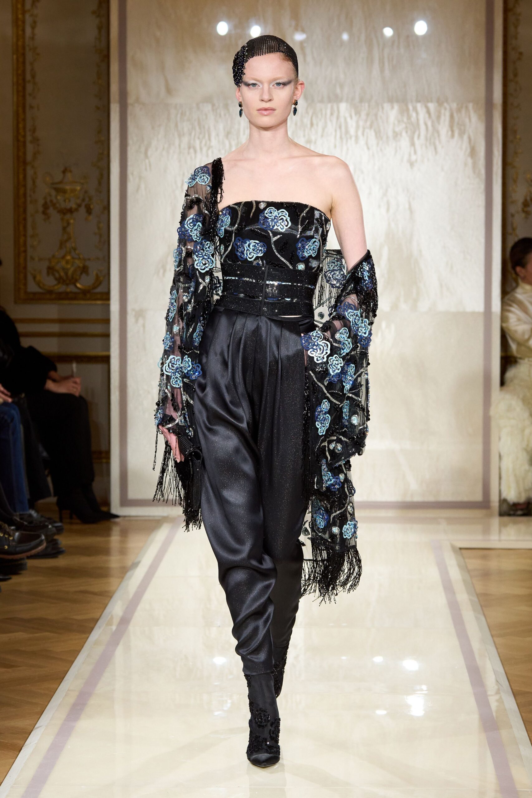 black silk strapless fitted embroidered fringed maxi gown