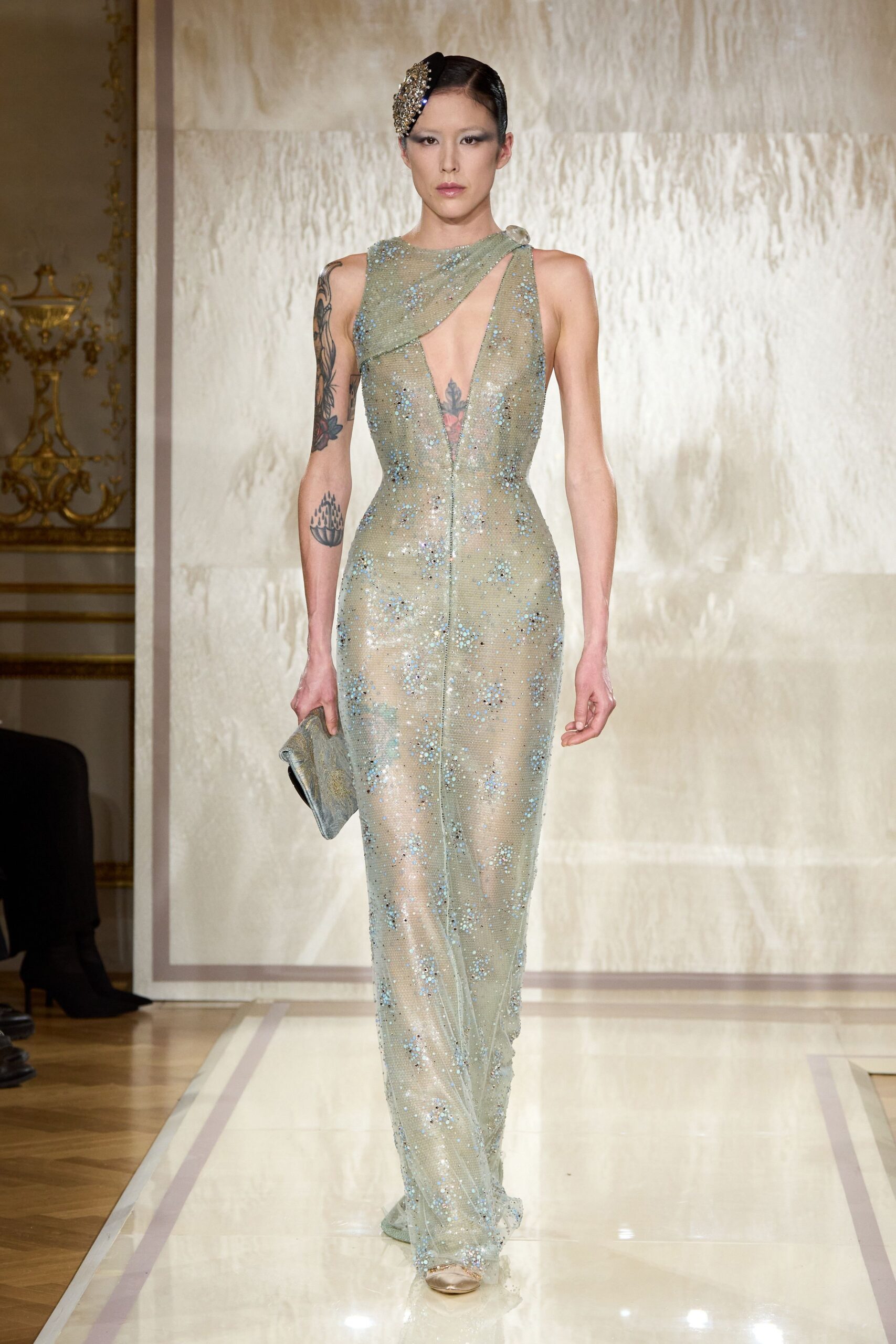 green silk sleeveless v-neck fitted embellished draped gown