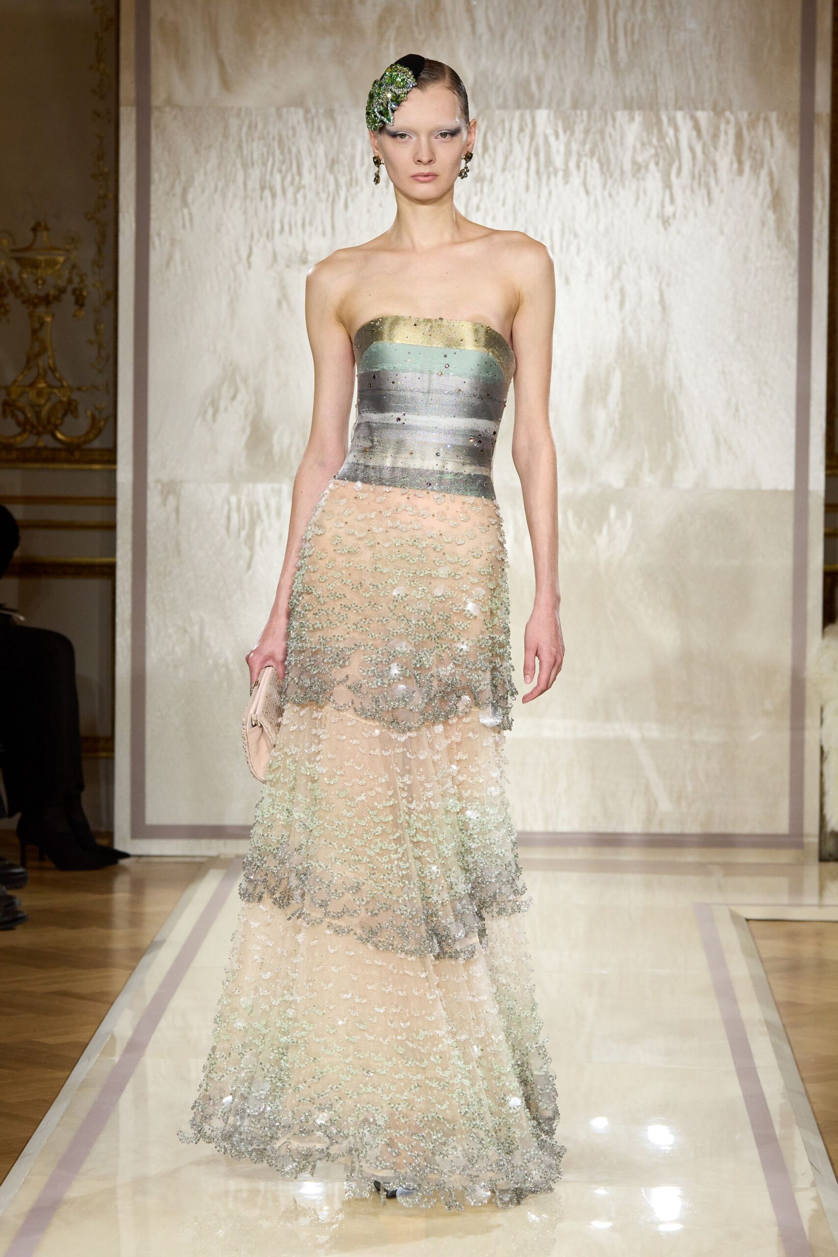 green silk strapless fitted layered embroidered sheer gown