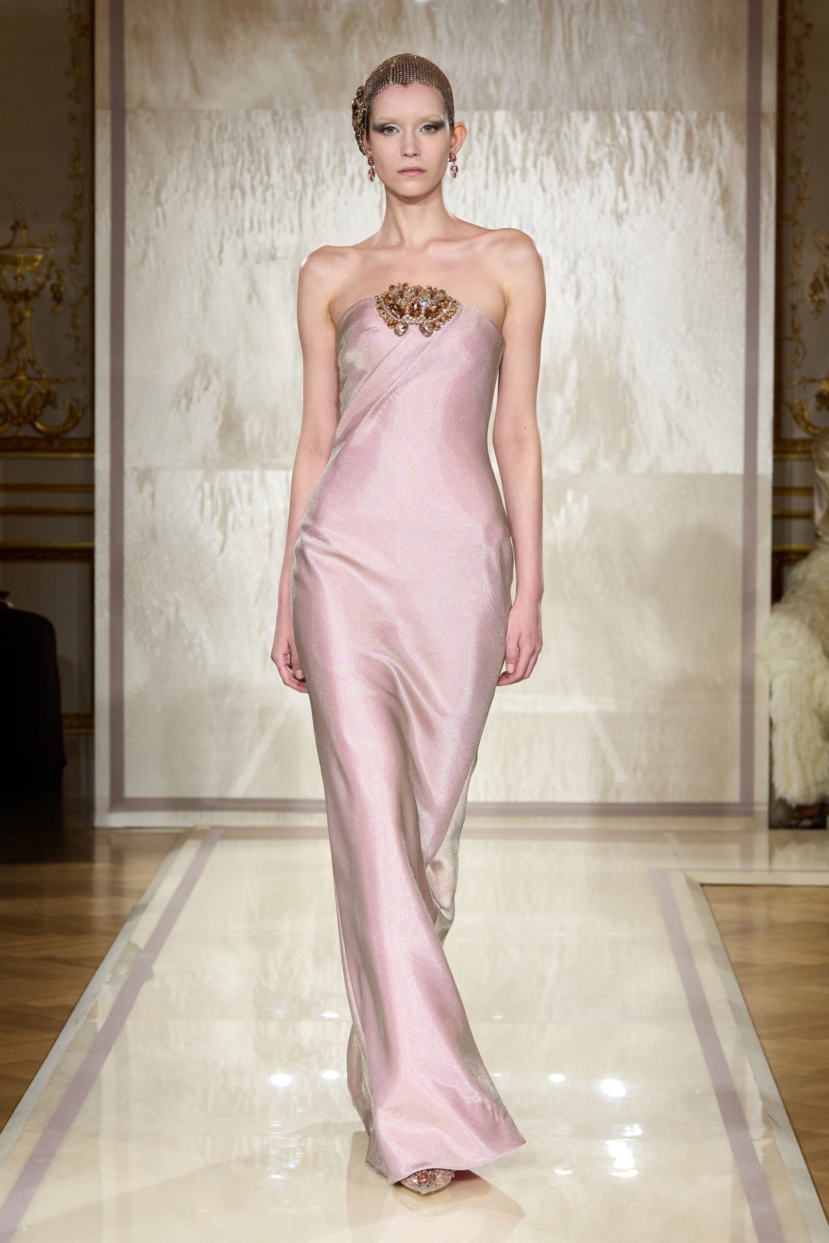 pink silk strapless fitted draped embellished shiny gown