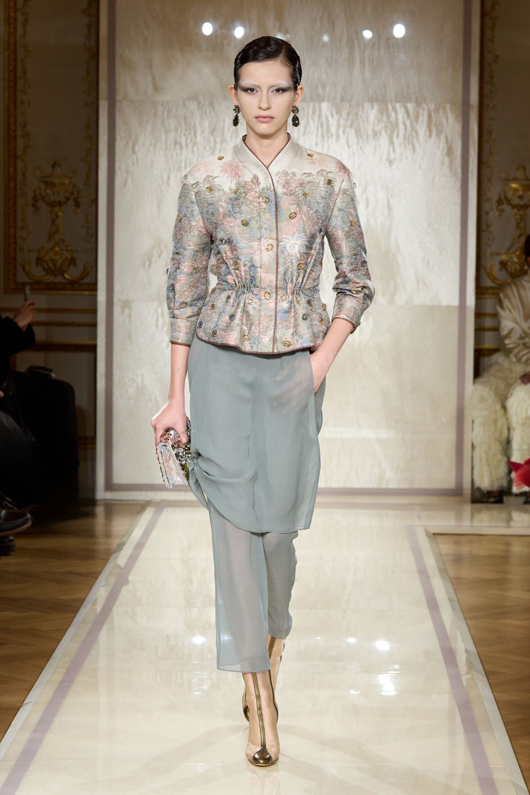 multi silk long-sleeve collared fitted embroidered jacket