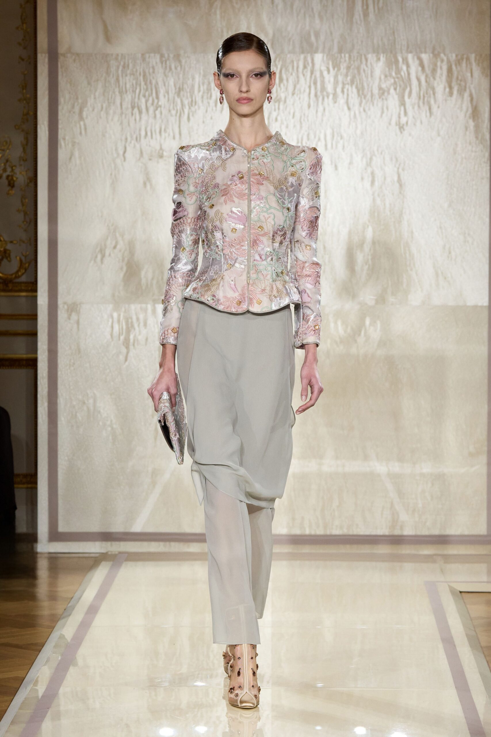 pink silk long-sleeve collared fitted embroidered zippered jacket