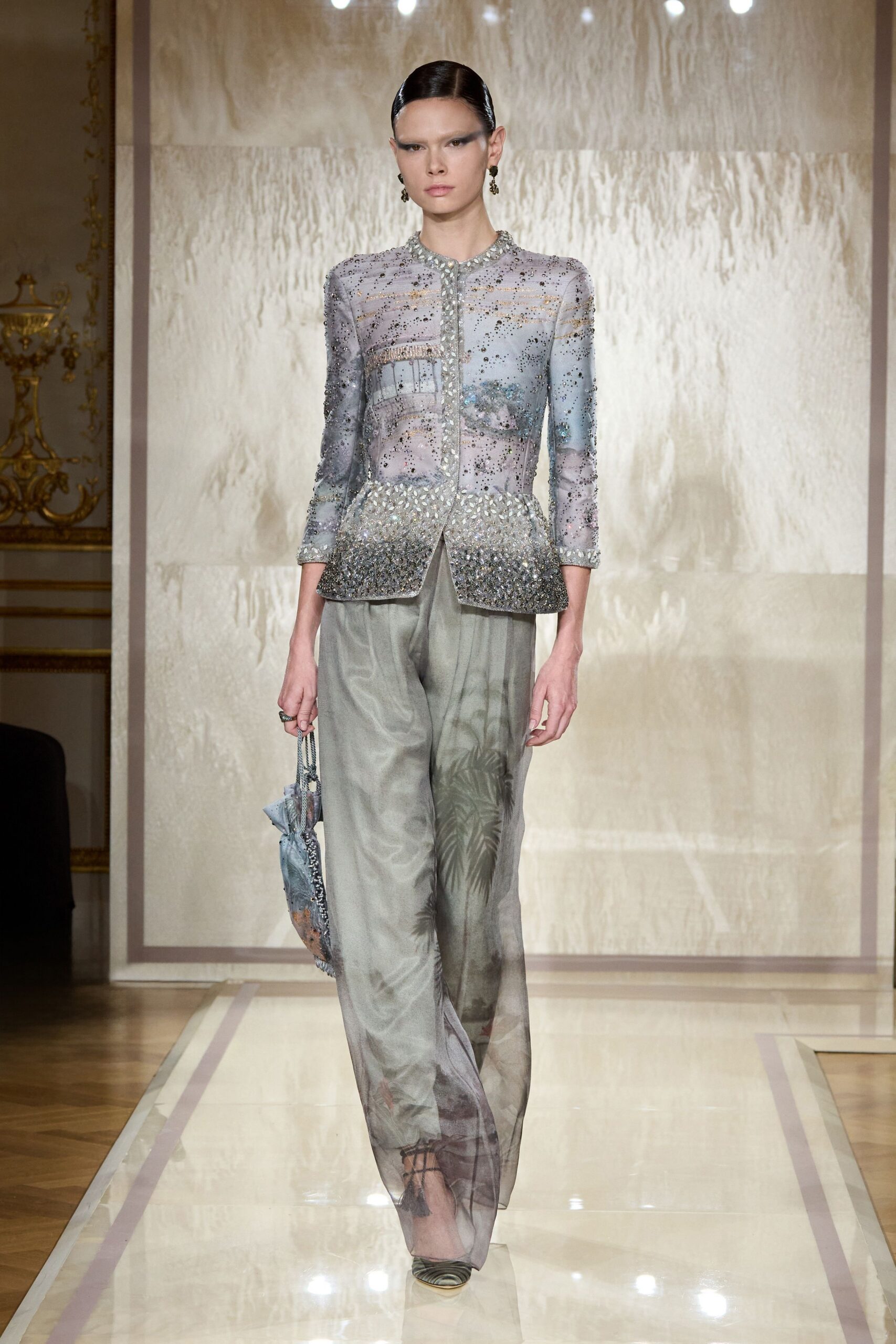 gray silk relaxed wide-leg flowing pants