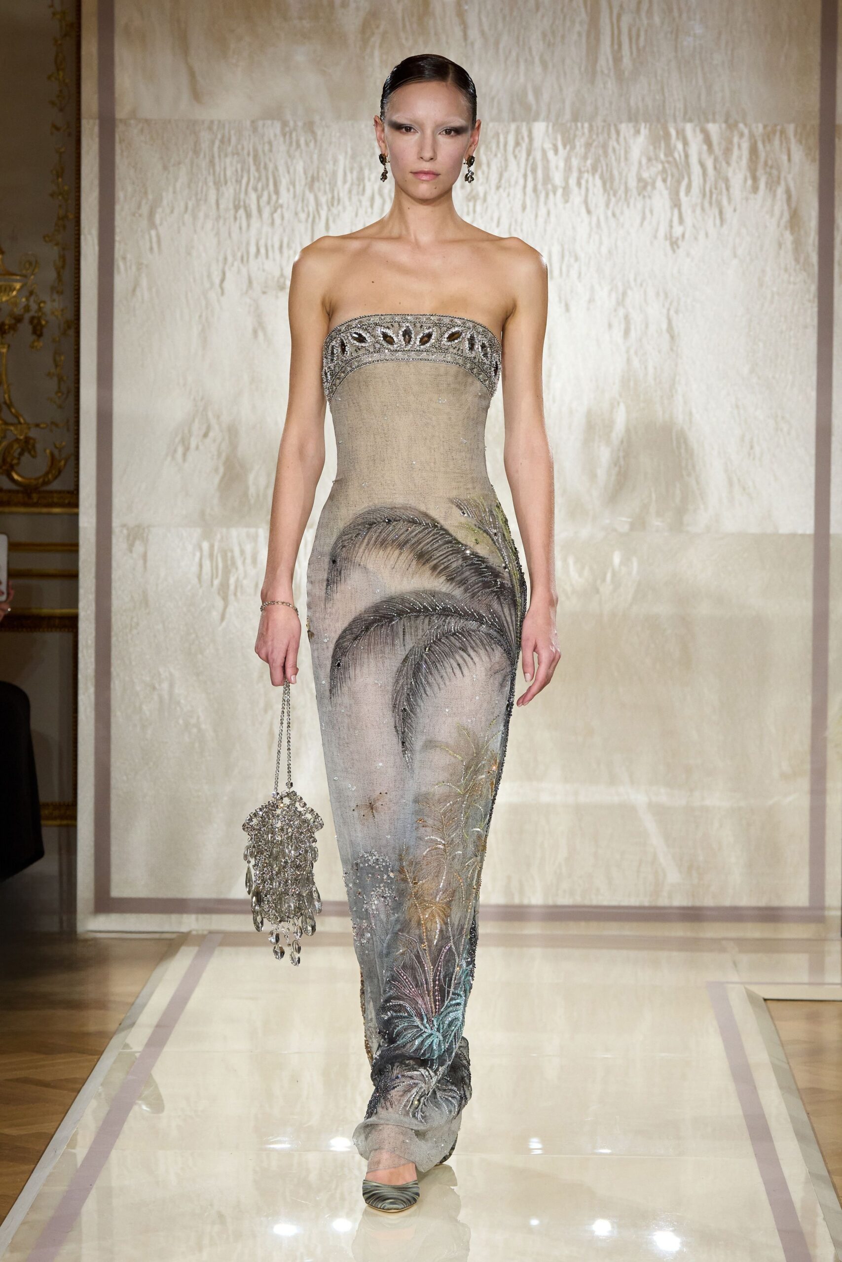 beige silk strapless fitted embroidered sheer maxi gown