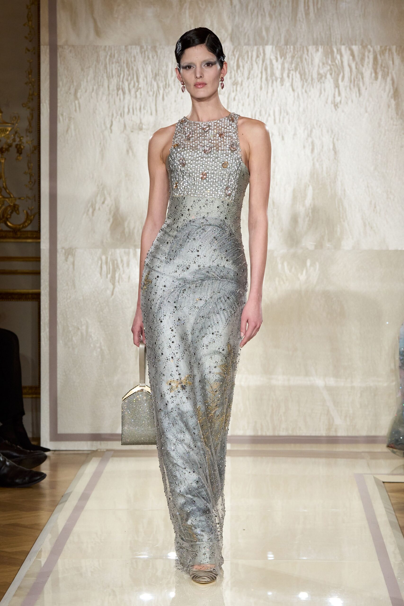 gray silk sleeveless high-neck fitted sequined embellished gown