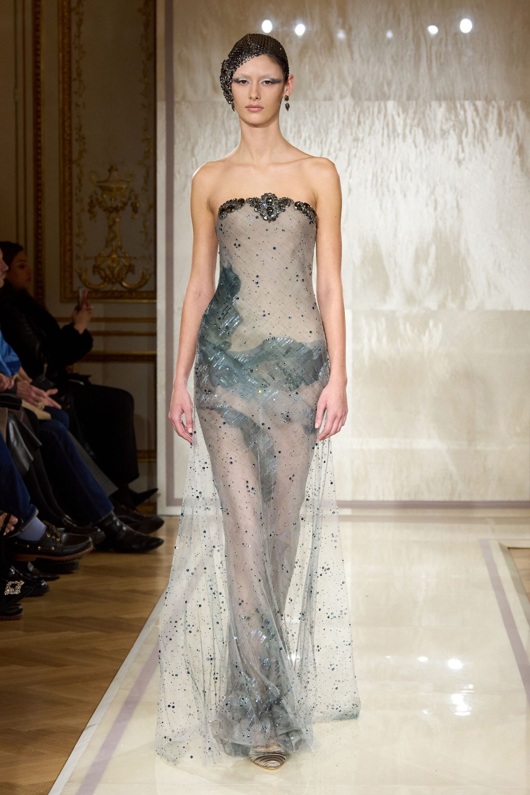 clear silk strapless fitted embellished flowing sheer gown