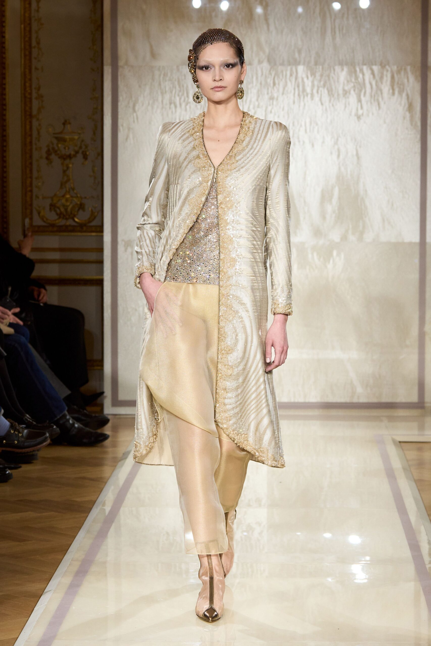 gold silk long-sleeve v-neck fitted beaded top