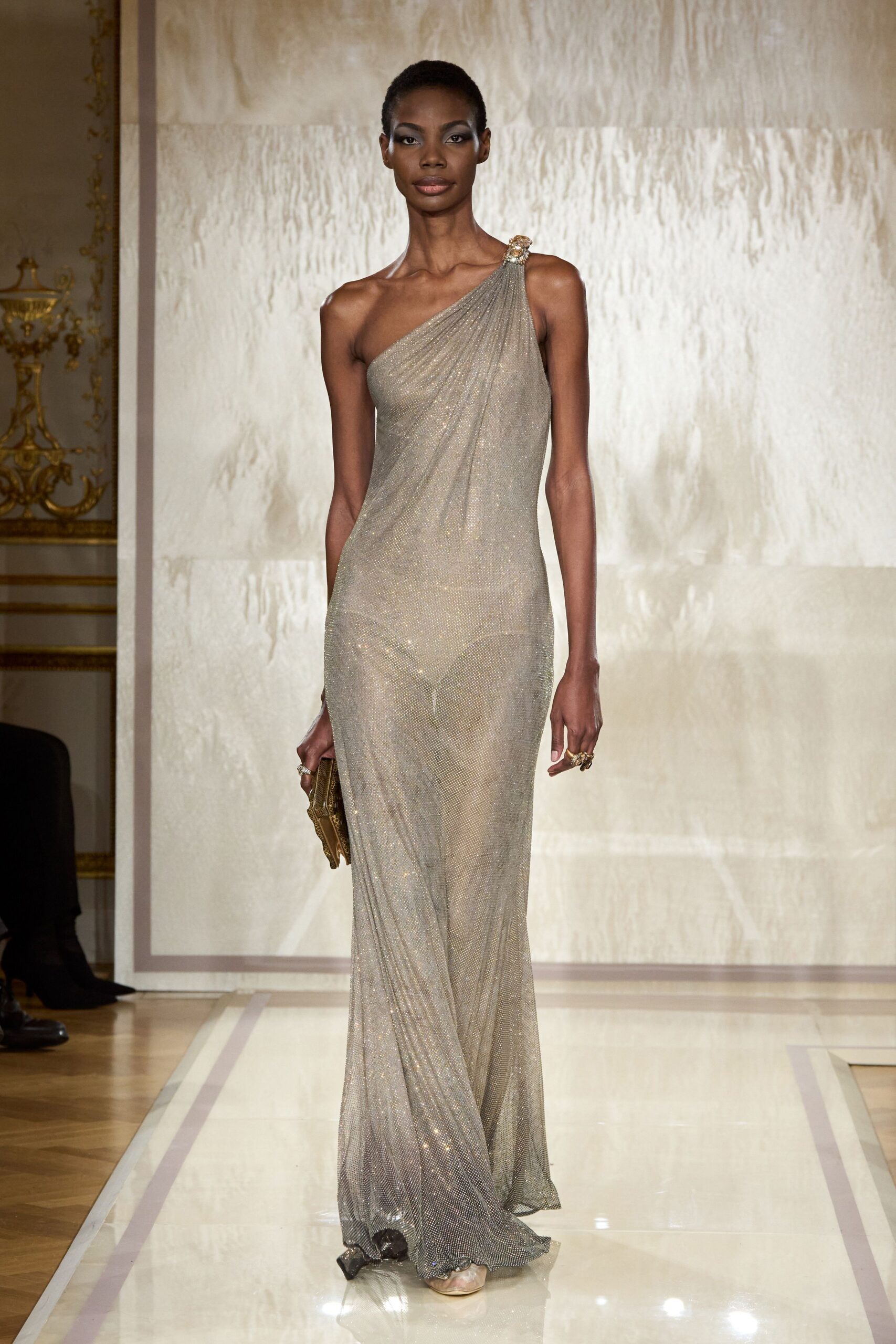 gold silk sleeveless high-neck fitted draped pleated gown