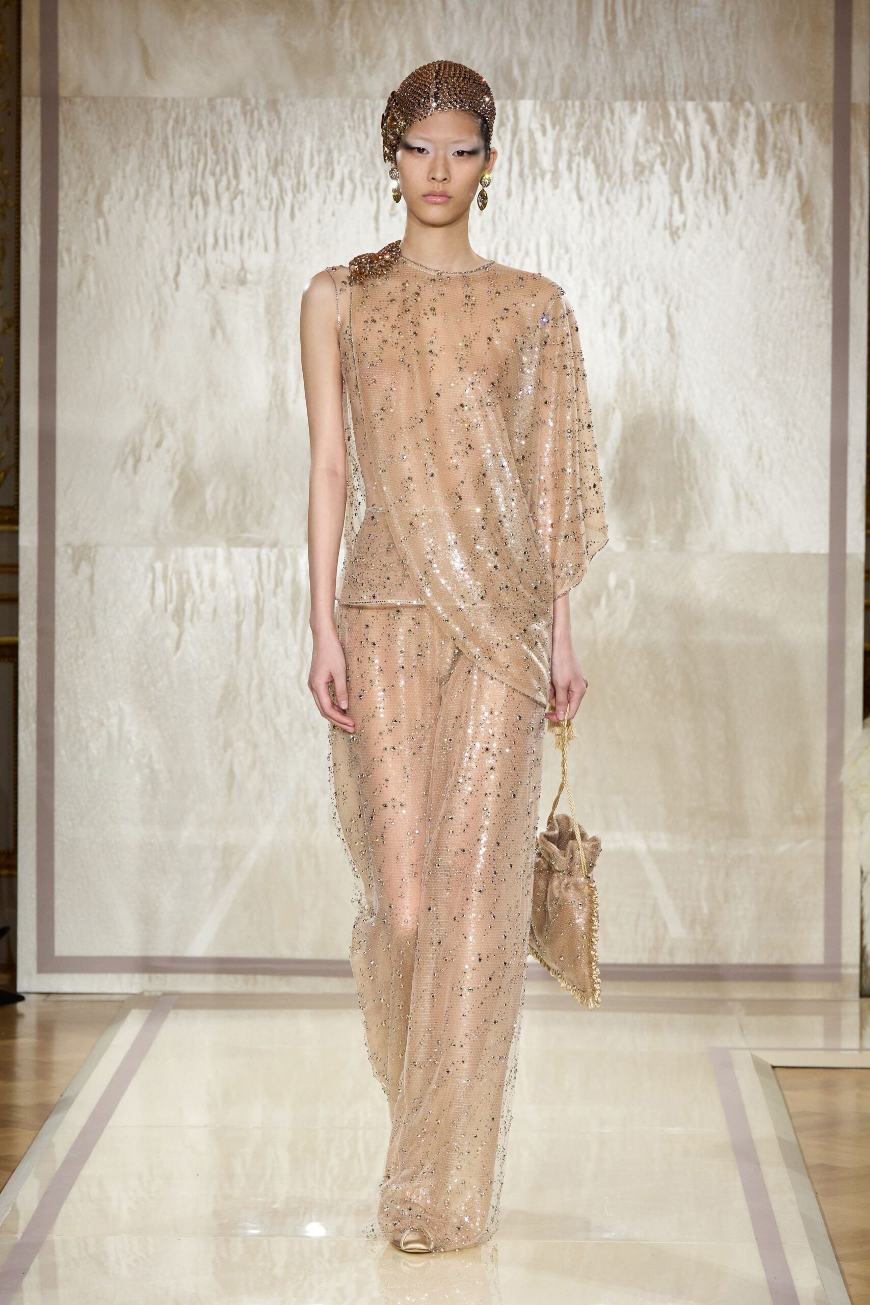 beige silk sleeveless high-neck fitted sequined draped gown