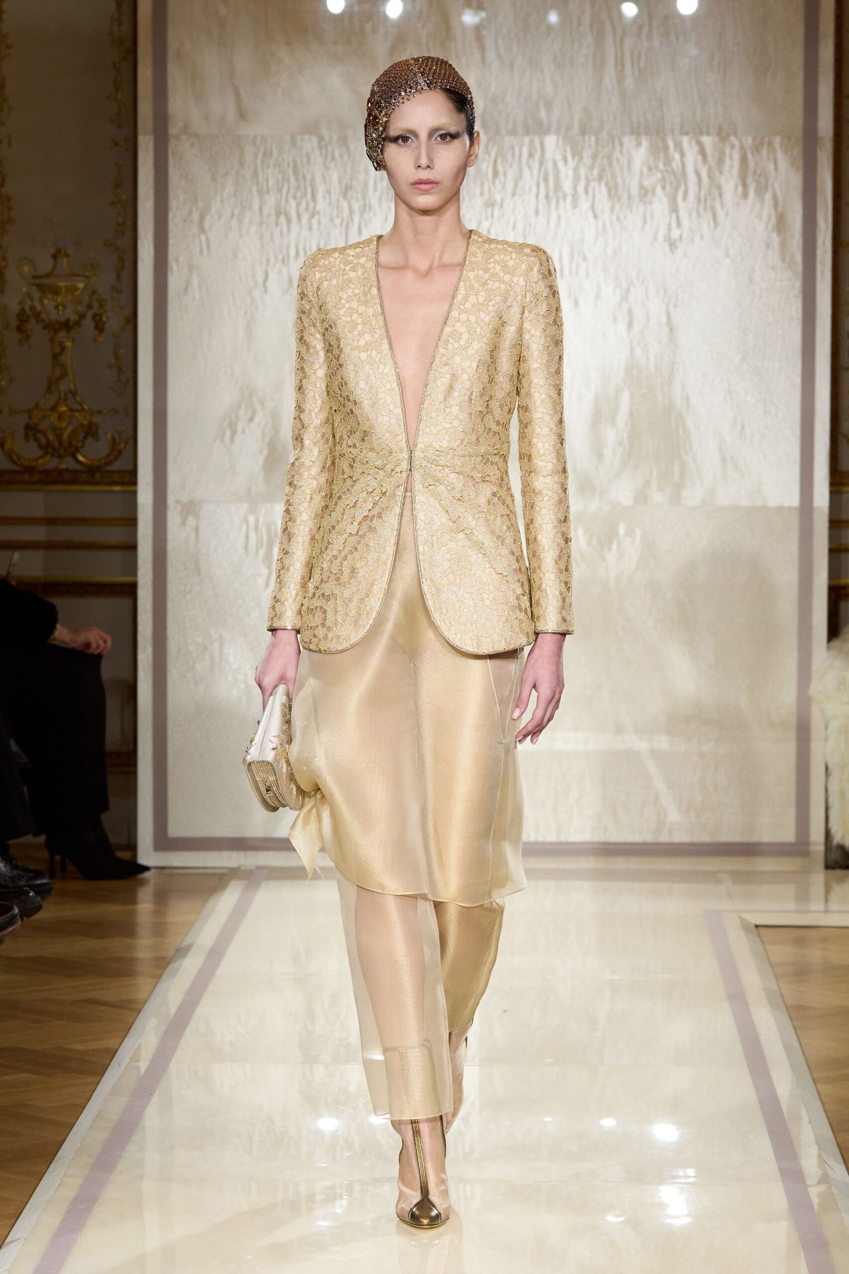 gold silk fitted high-waisted layered sheer skirt