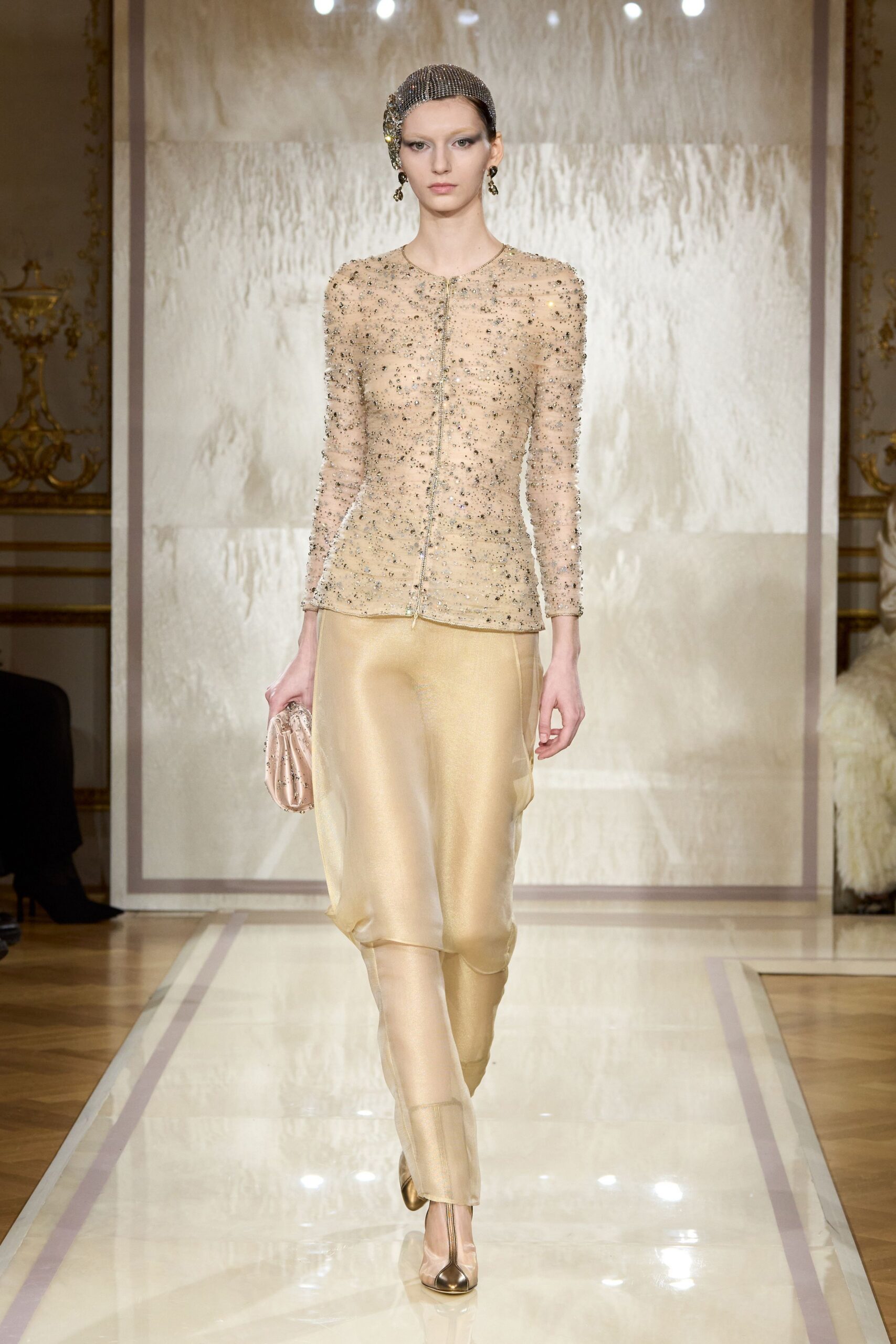 beige silk long-sleeve collared fitted beaded top