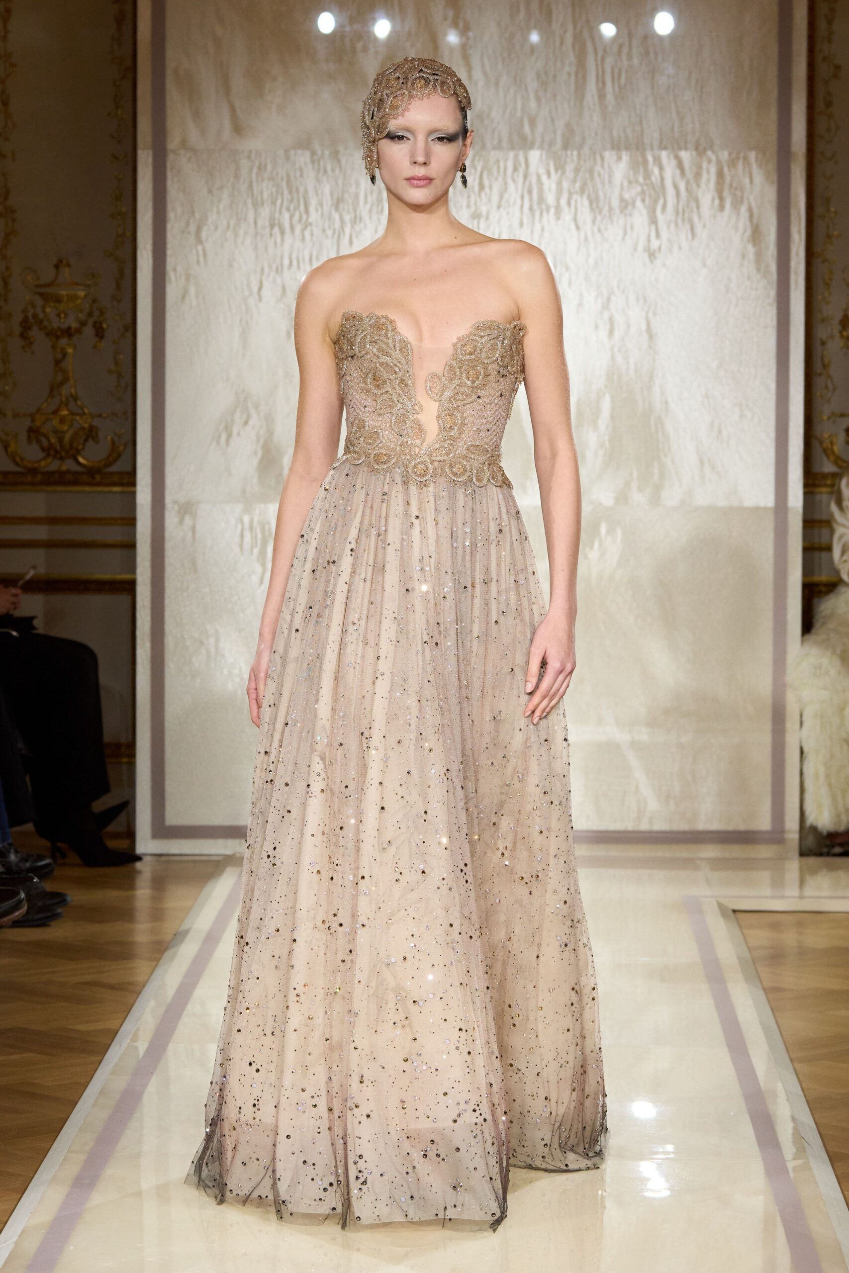 beige strapless embroidered gown