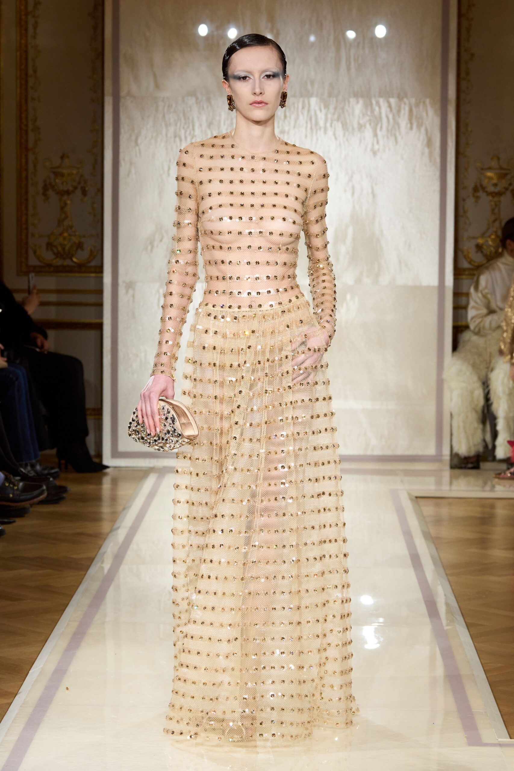 beige silk long-sleeve v-neck fitted embellished gown