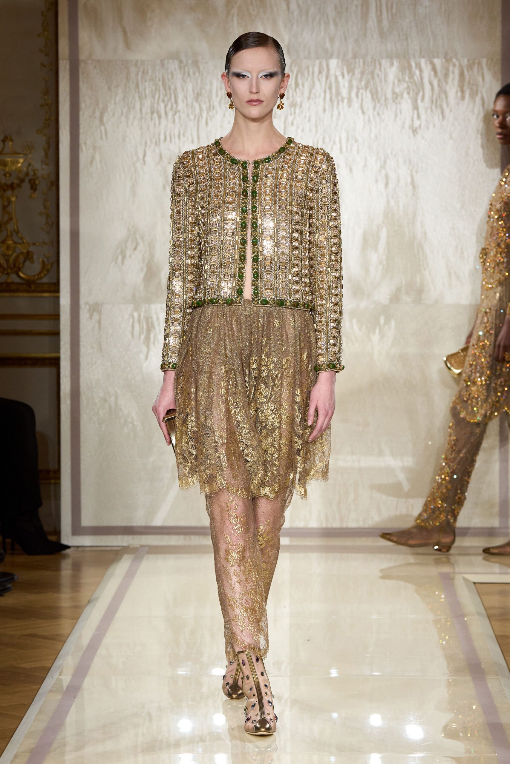 gold sequin long-sleeve collared fitted embroidered beaded dress