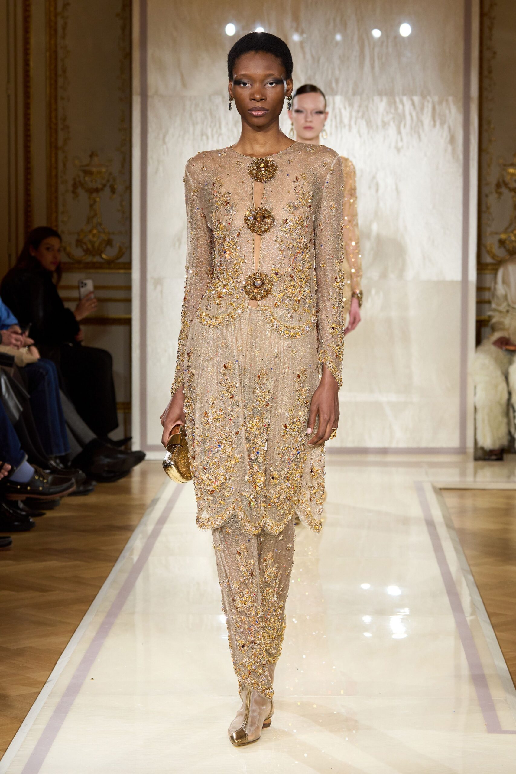 gold silk long-sleeve high-neck fitted beaded embroidered gown