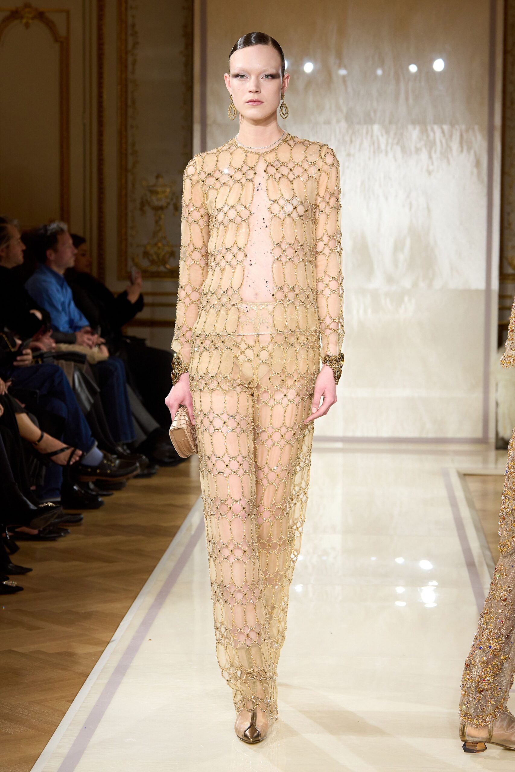 gold lace long-sleeve v-neck fitted embroidered sheer top