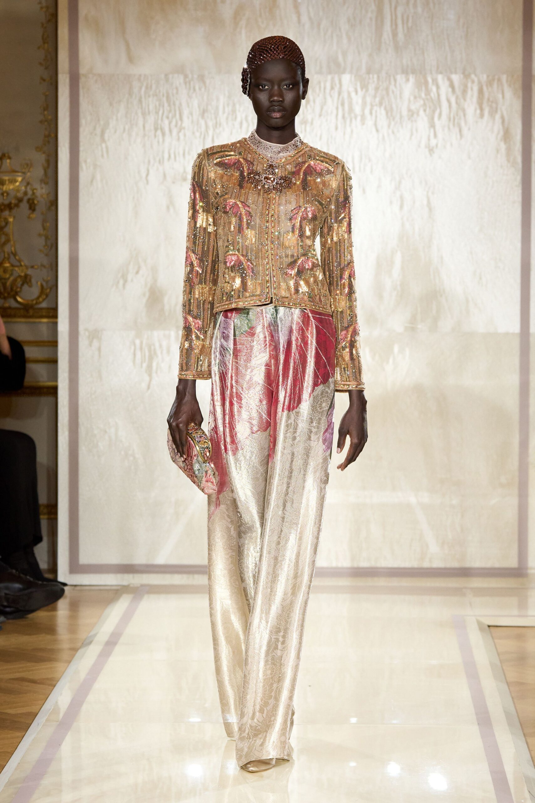 gold embroidered blazer with flared pants
