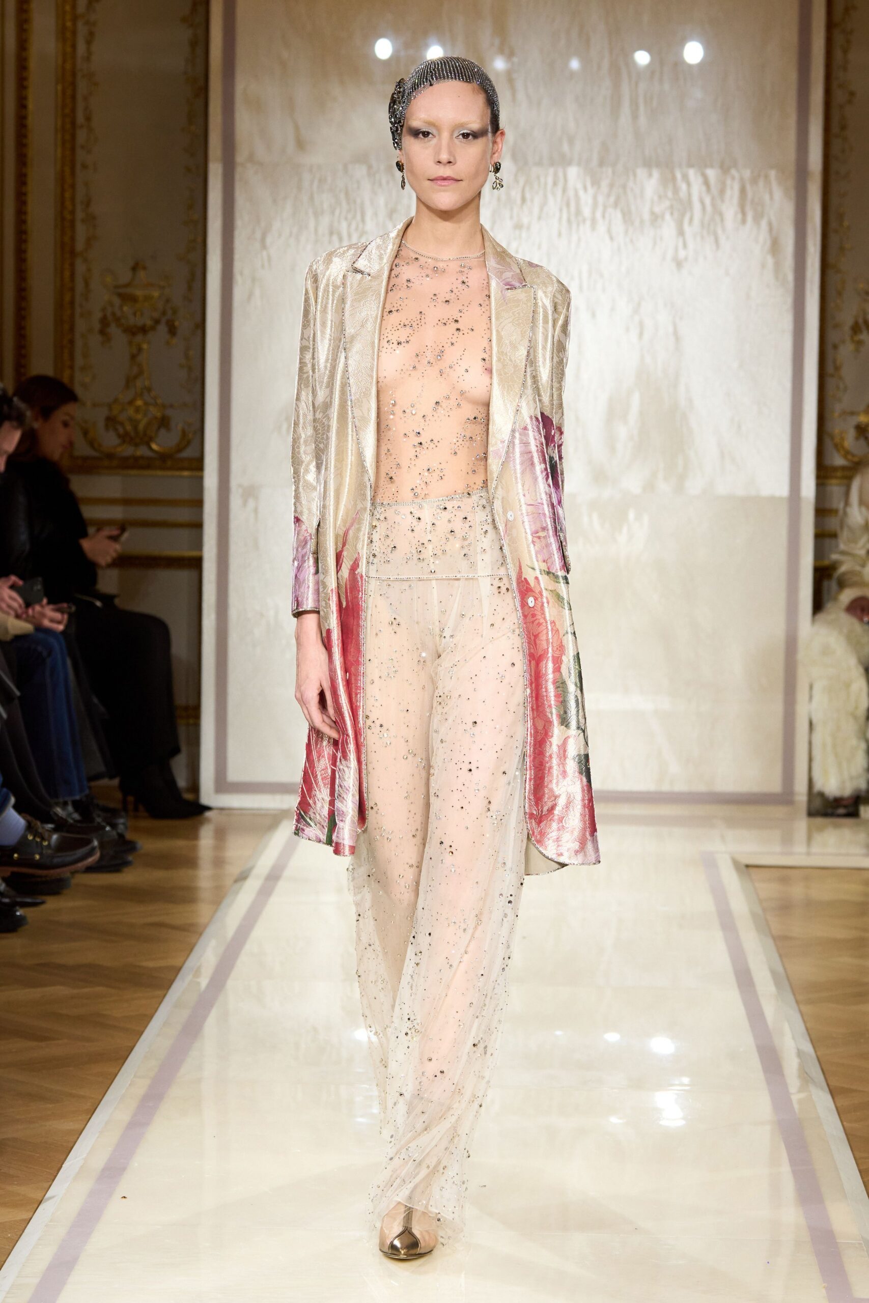 beige silk sleeveless fitted sheer pants