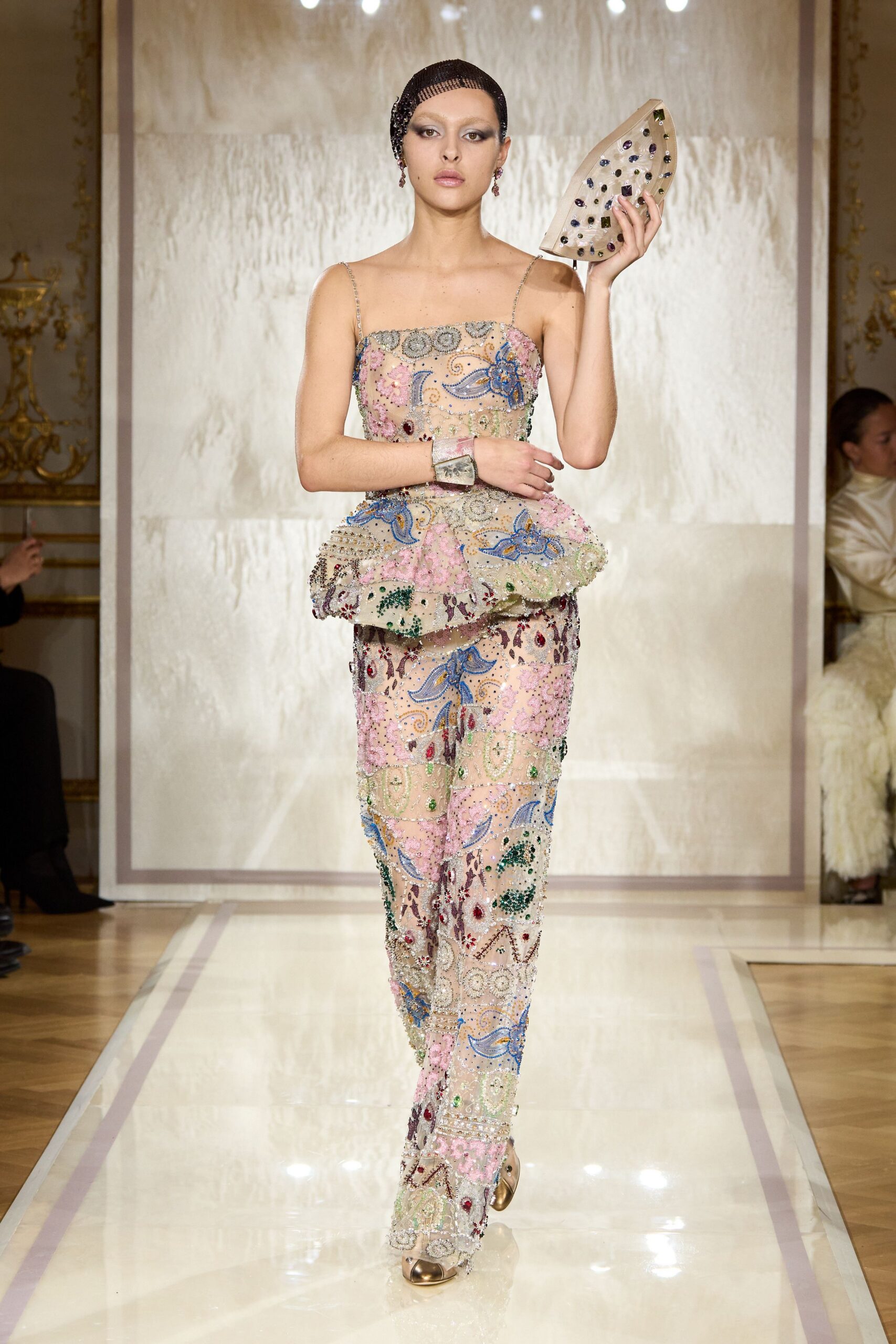 pink silk sleeveless v-neck fitted embroidered layered gown