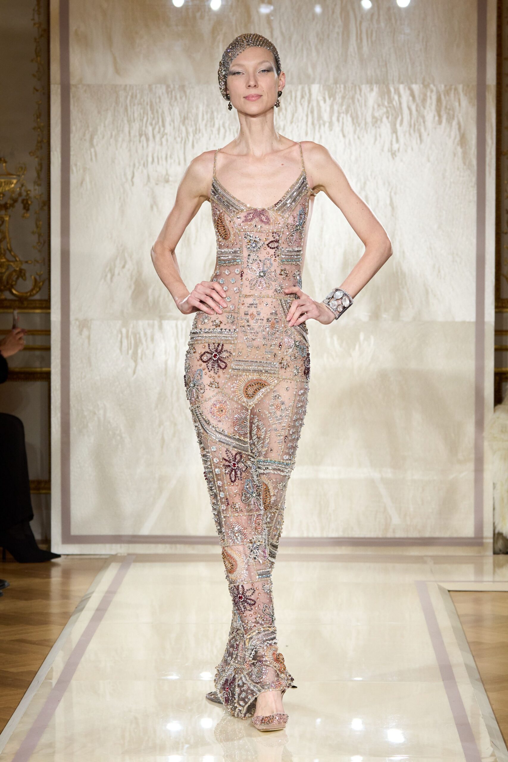 beige sequin sleeveless v-neck fitted embellished shiny gown