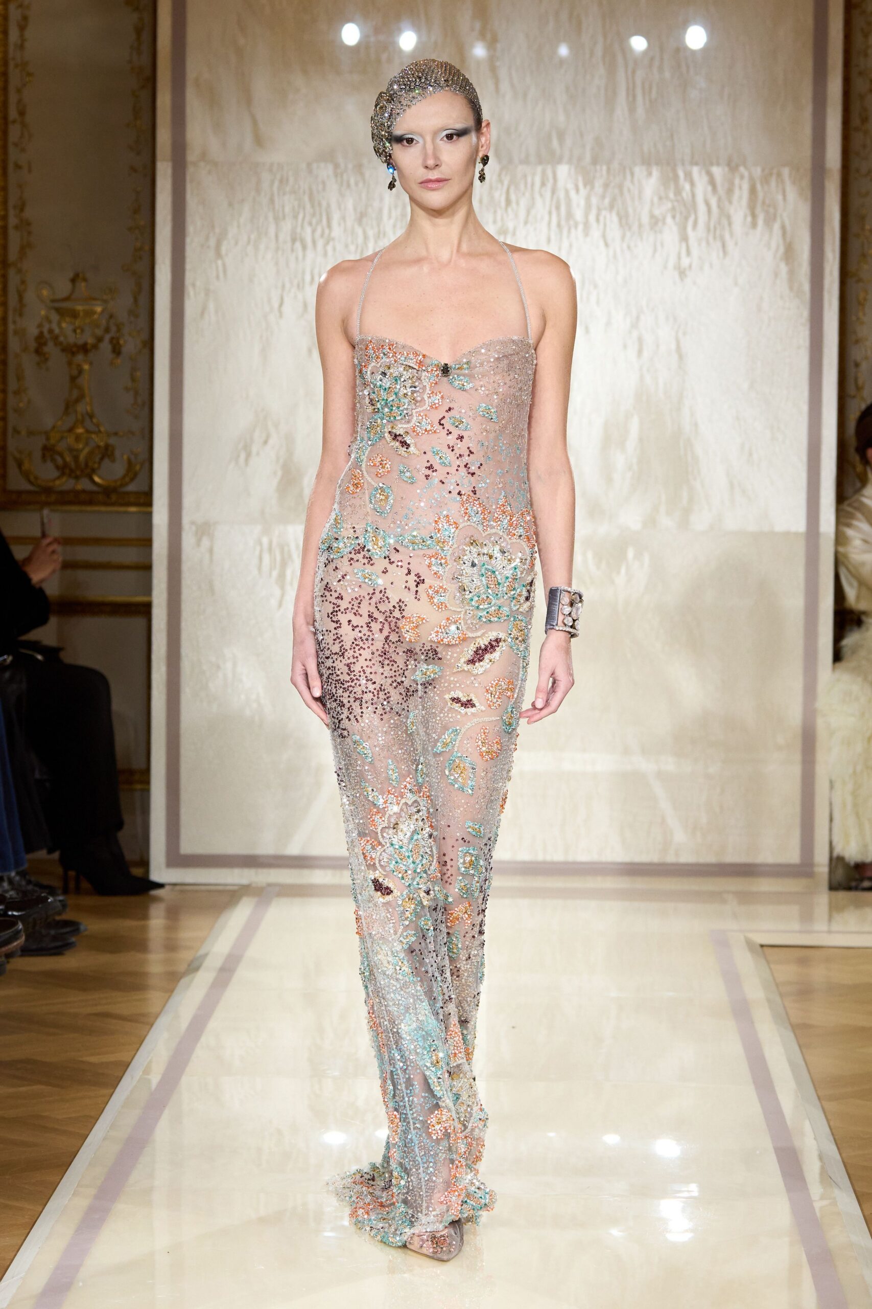 multi-colored sheer embellished gown