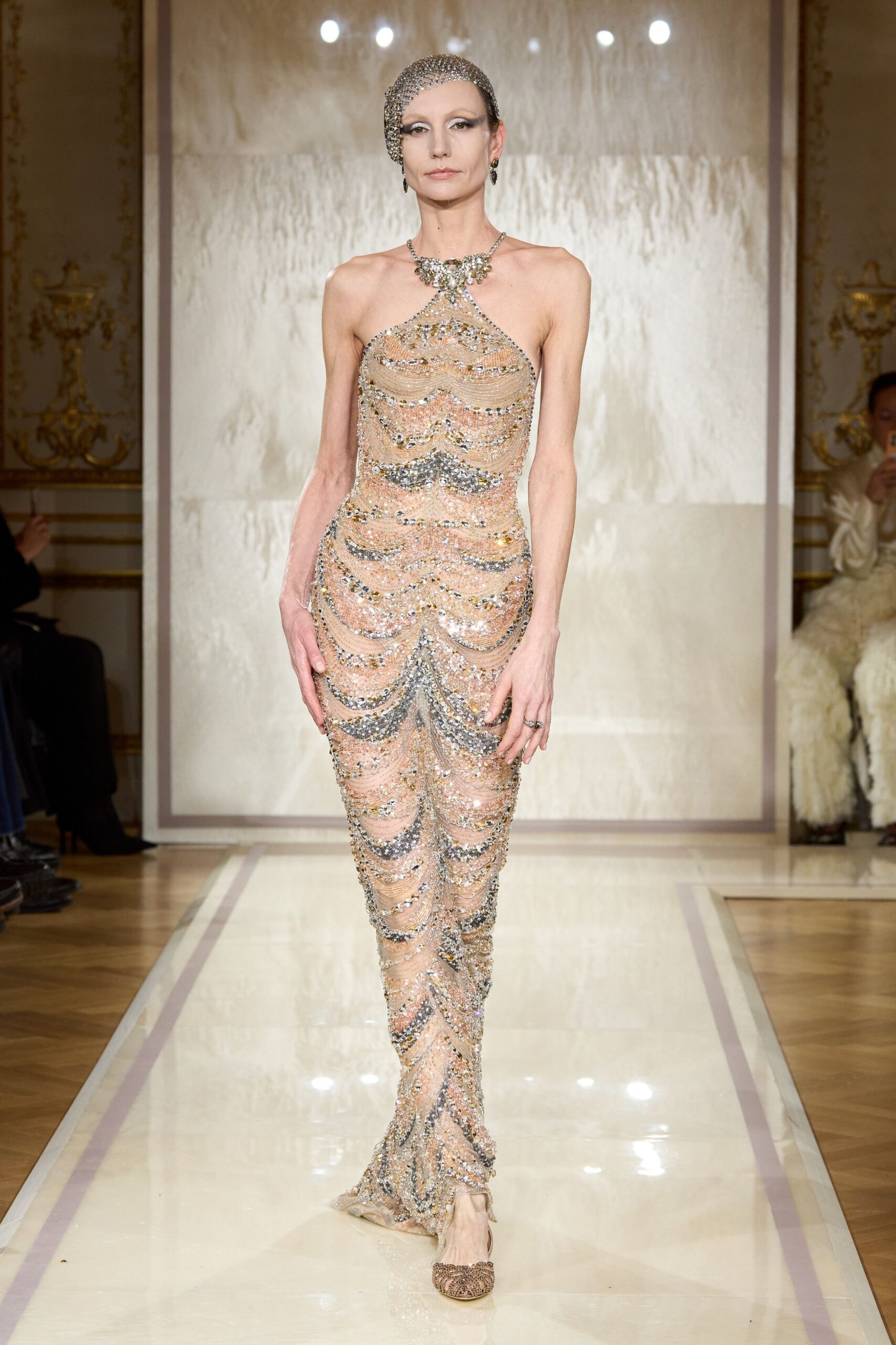 beige sequin sleeveless high-neck fitted ruched embellished gown