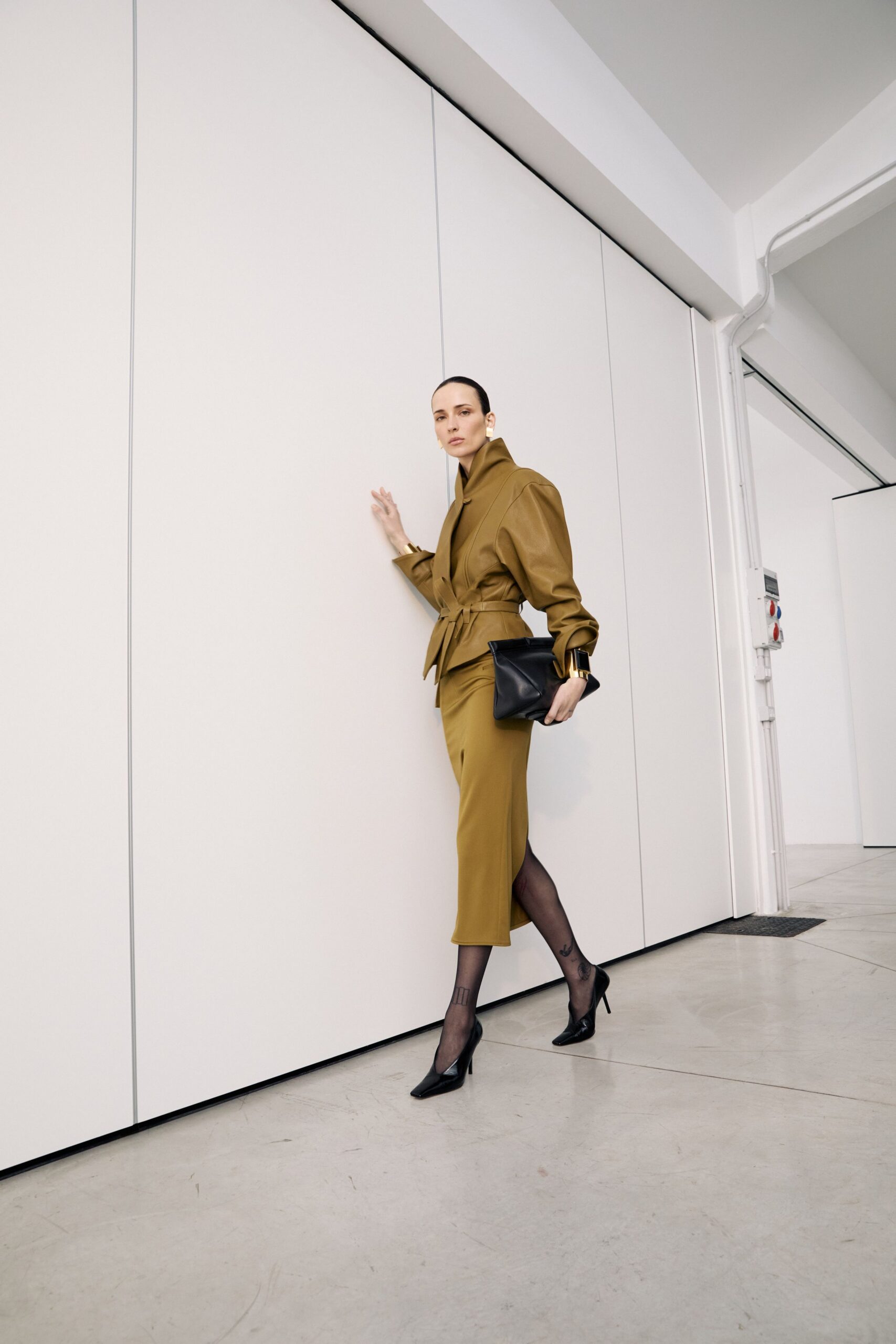 brown tailored blazer and midi skirt