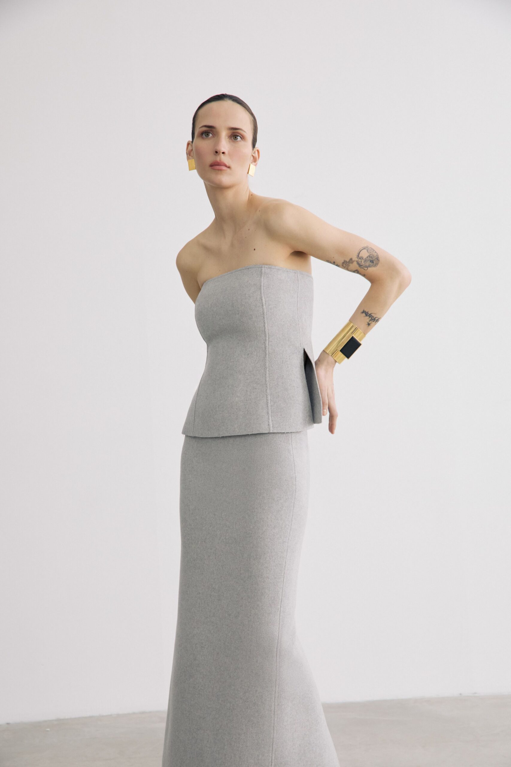 gray fitted strapless gown