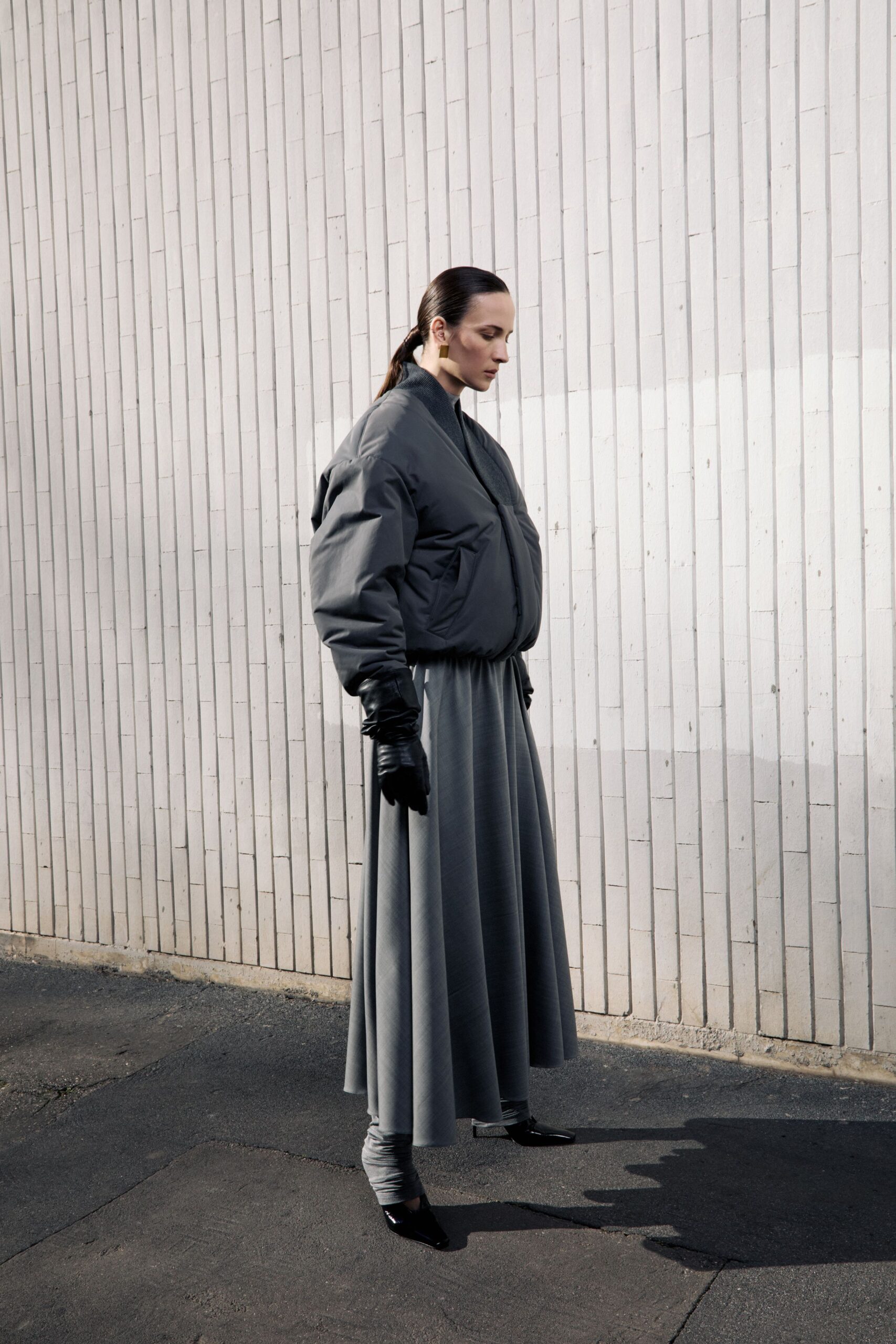 gray oversized jacket with pleated skirt