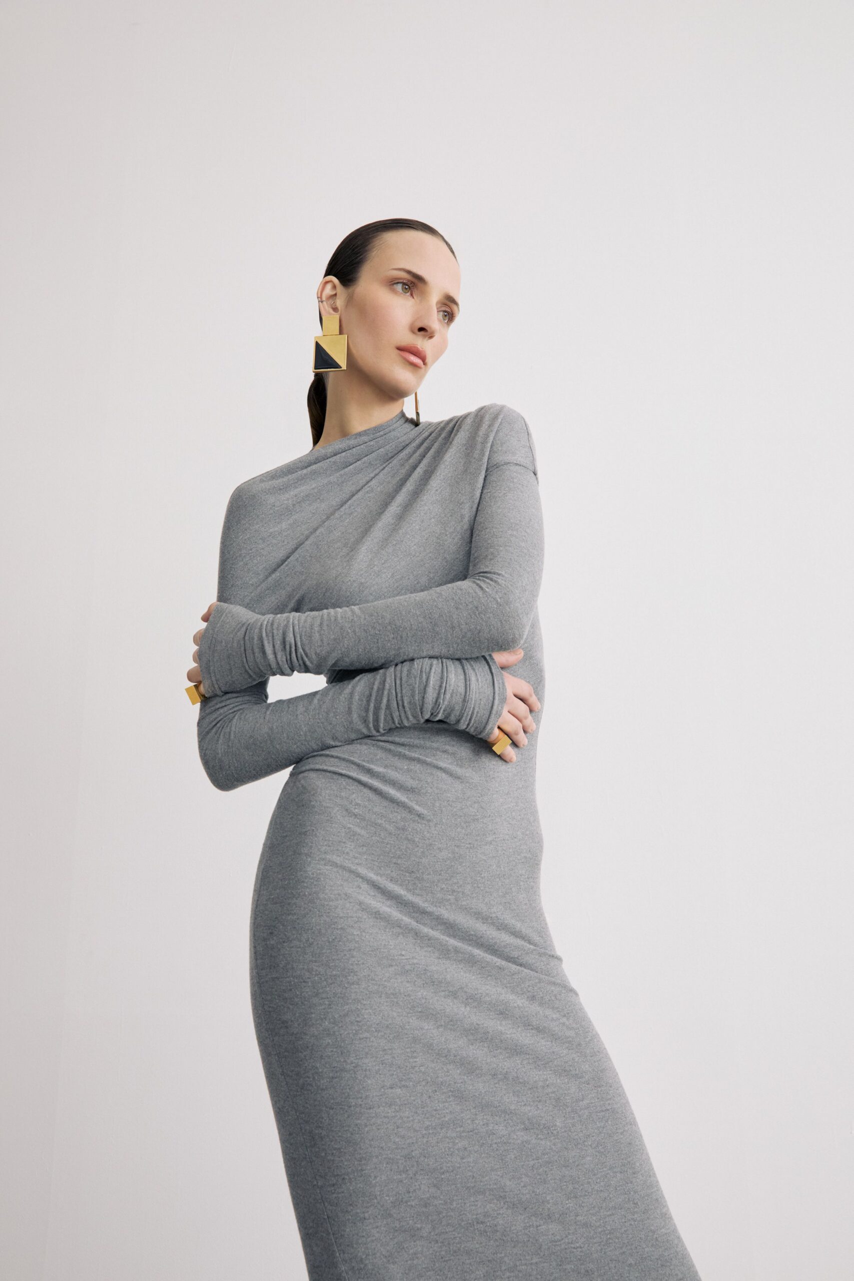 fitted gray cotton maxi dress
