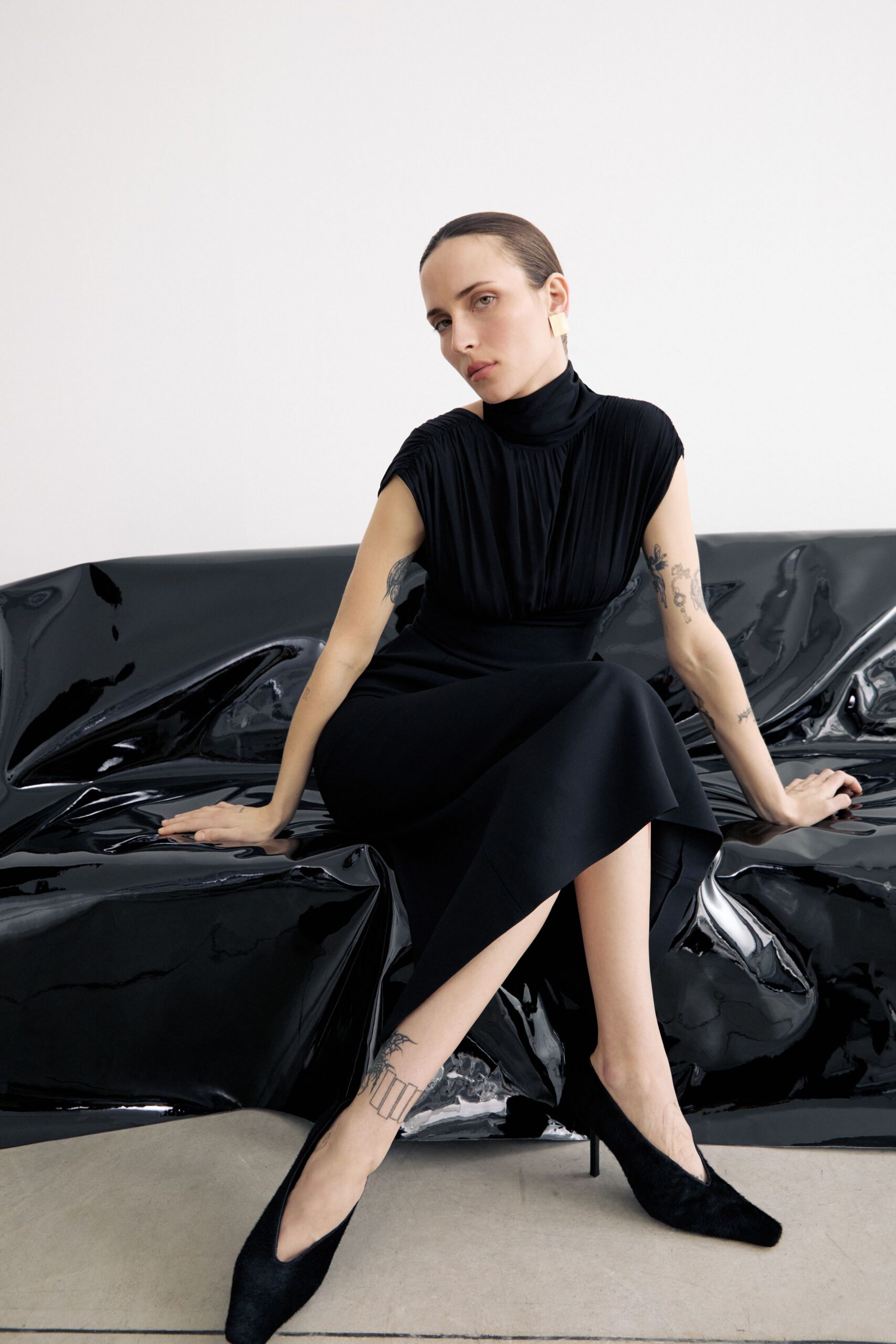 black silk pleated midi dress with heels