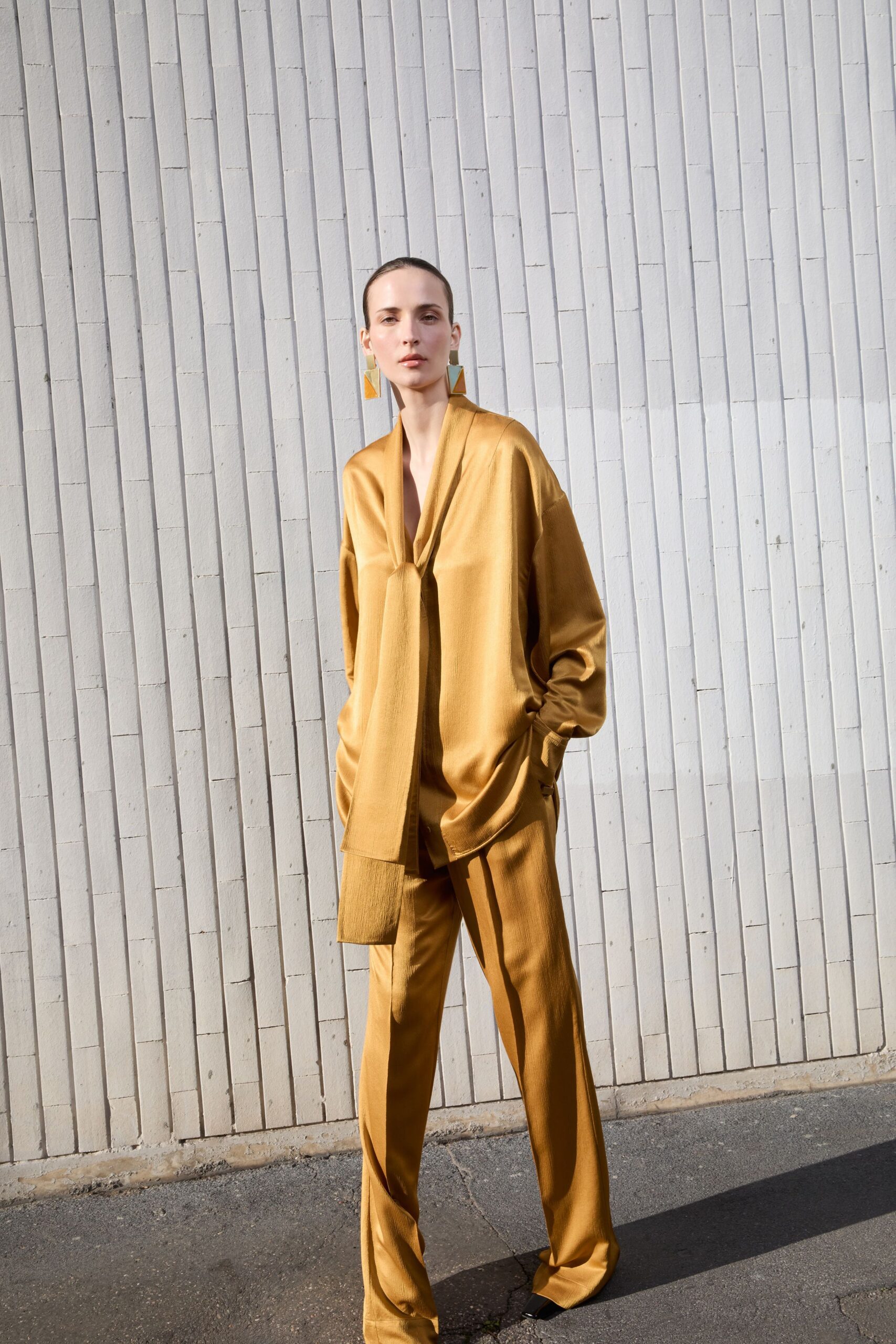 gold silk relaxed top and pants