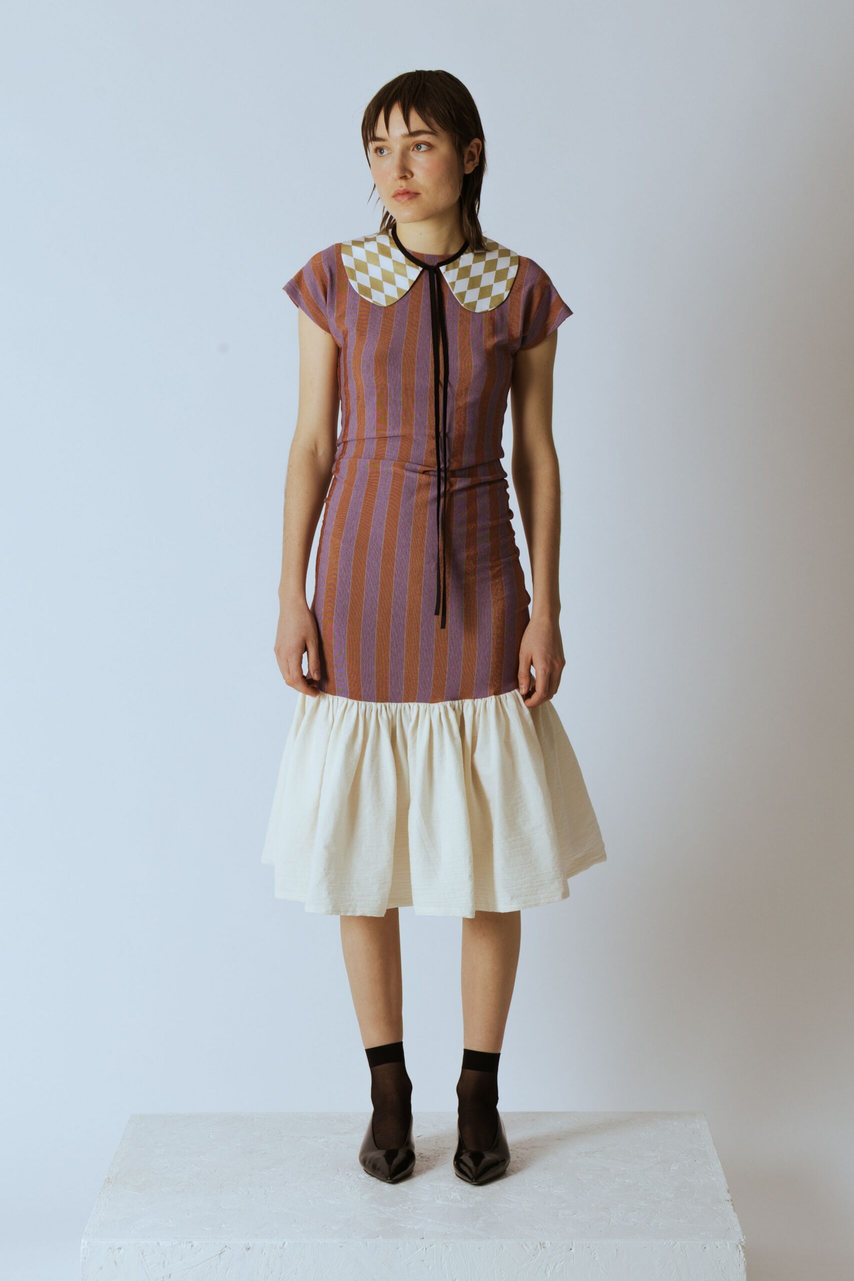 purple striped midi dress with collar
