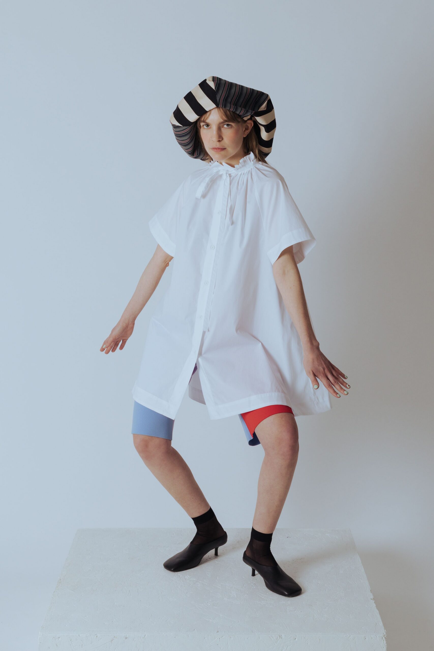 white cotton short-sleeve collared oversized buttoned short shirt-dress