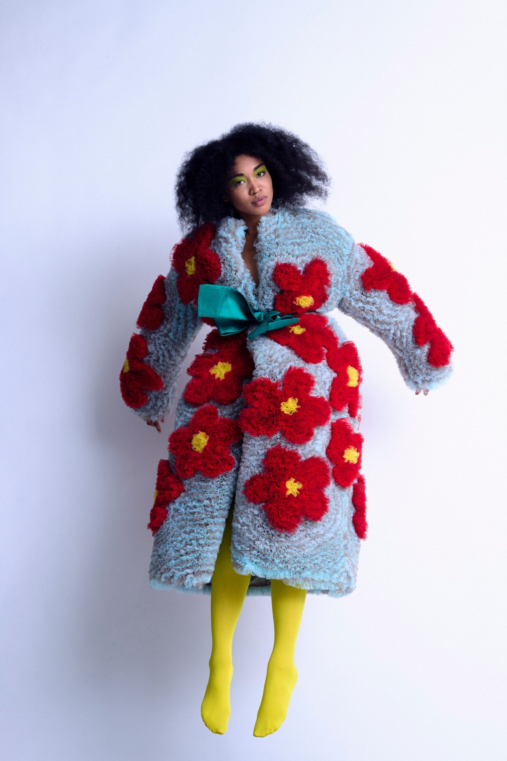 blue faux-fur long-sleeve collared oversized floral belted coat