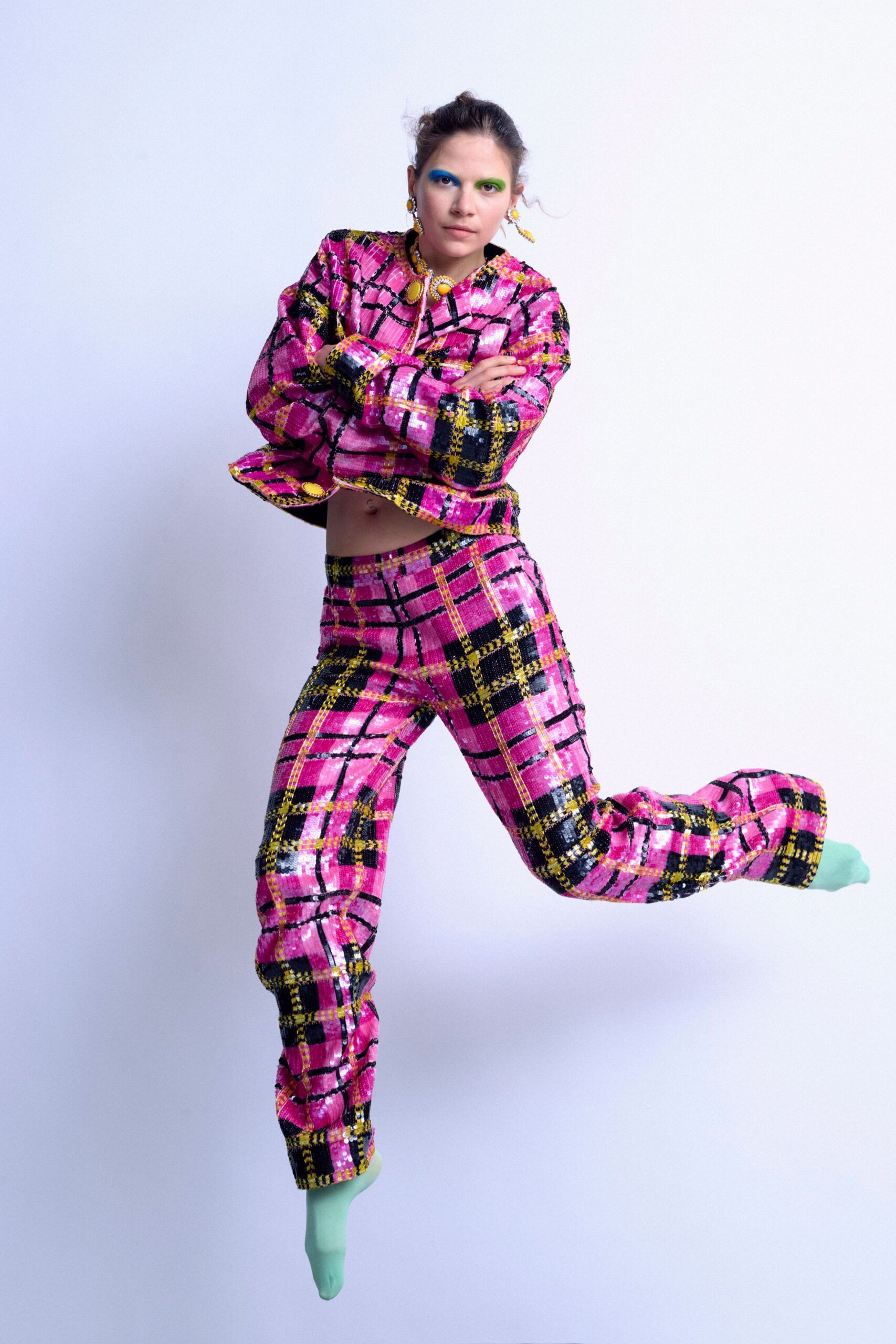 pink cotton fitted checked straight-leg pants