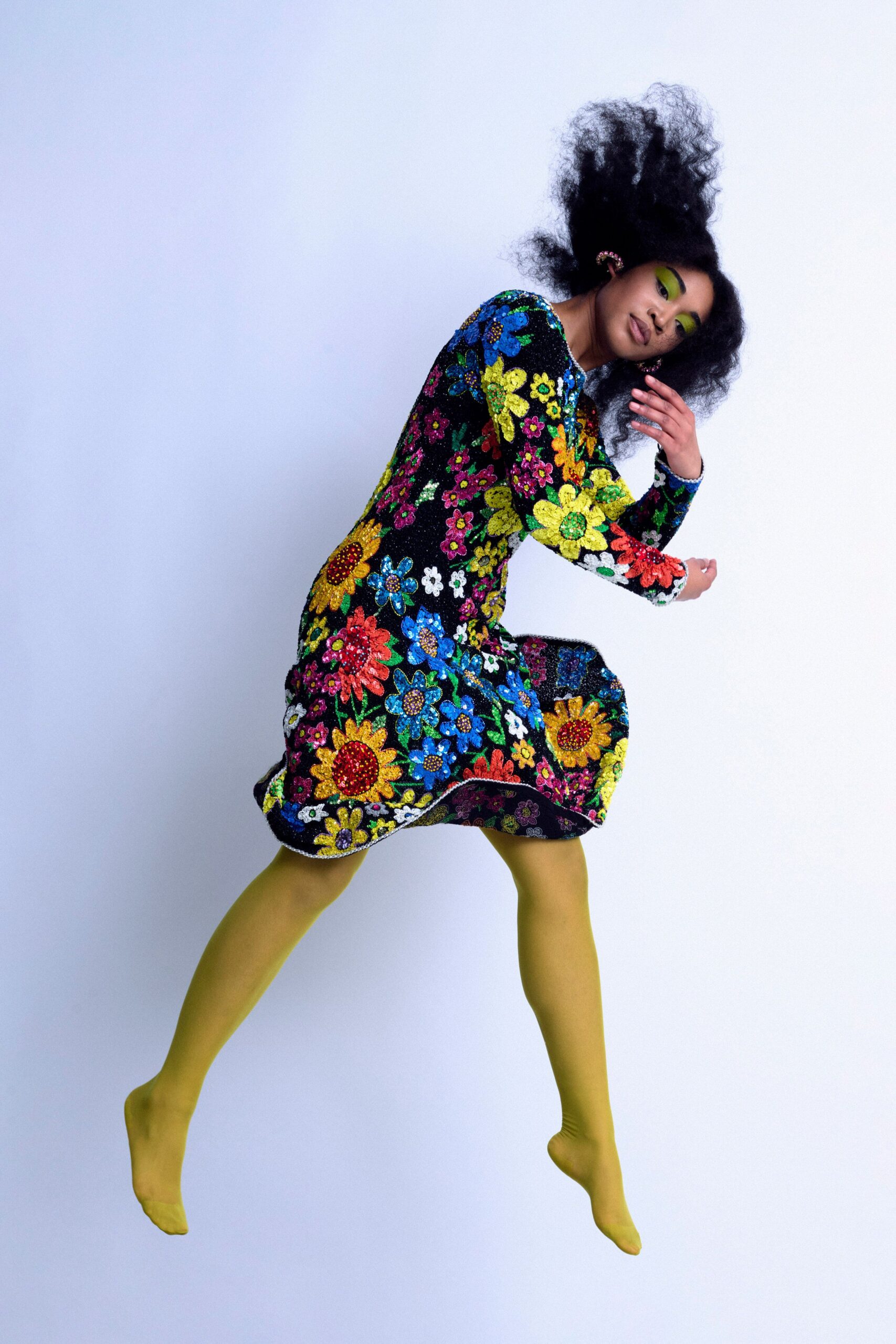 floral midi dress with yellow shoes