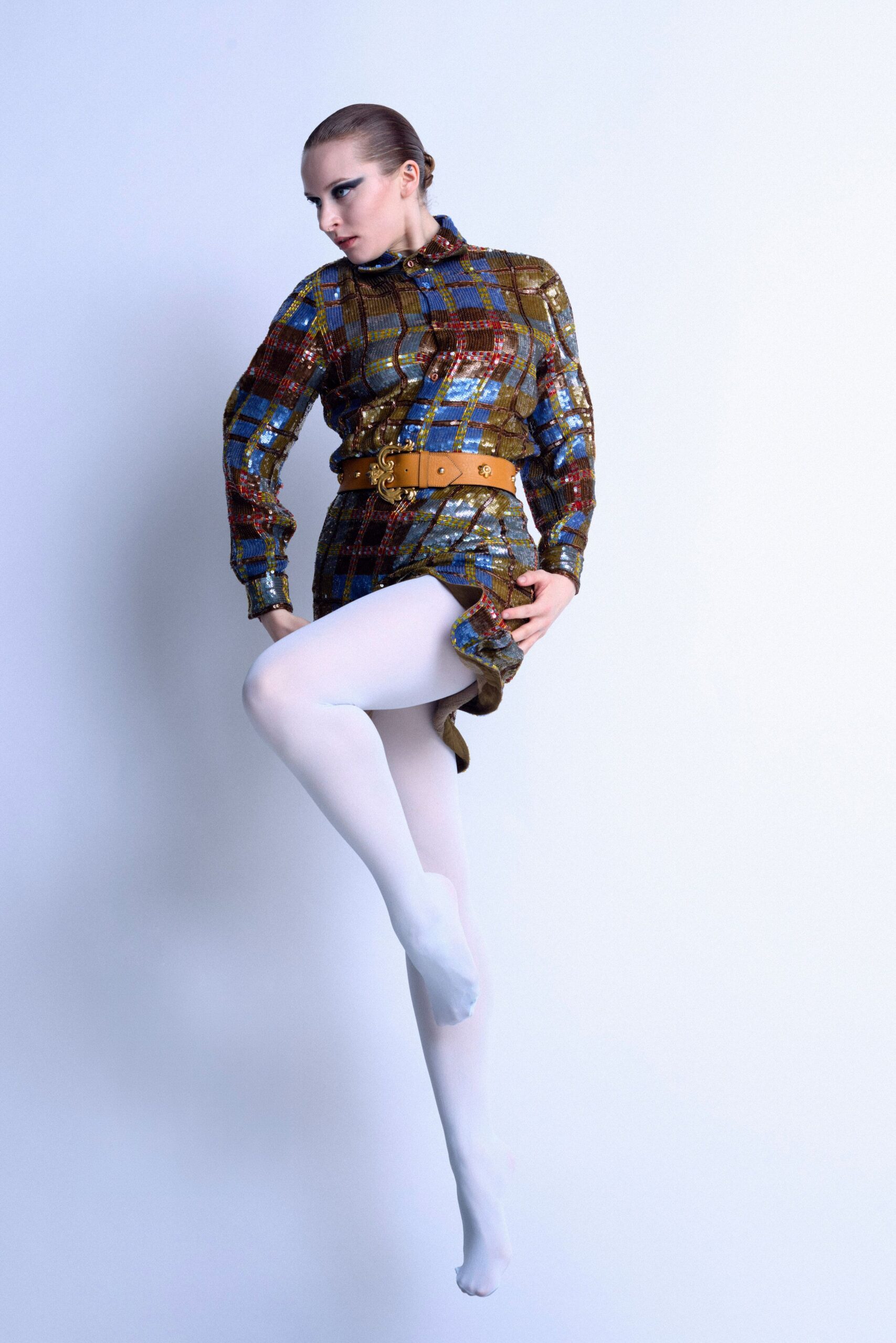 multi sequin long-sleeve collared fitted checked buttoned dress