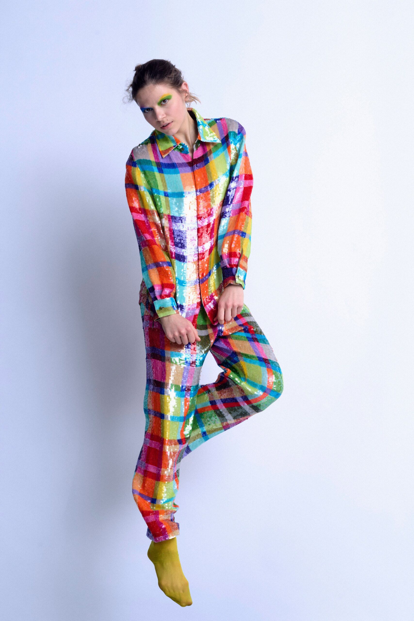 multi sequin long-sleeve collared relaxed checked shiny shirt