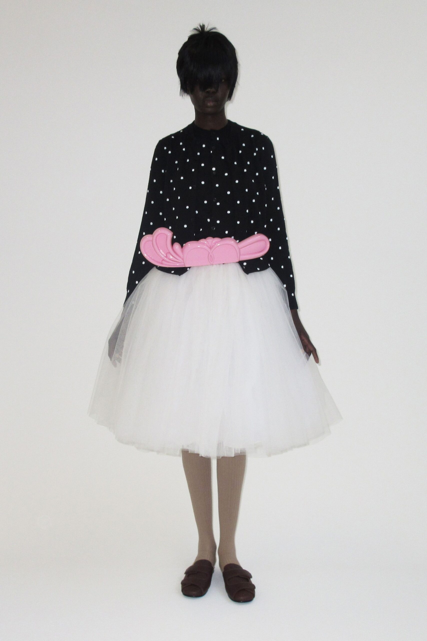 black polka-dot top white tulle skirt