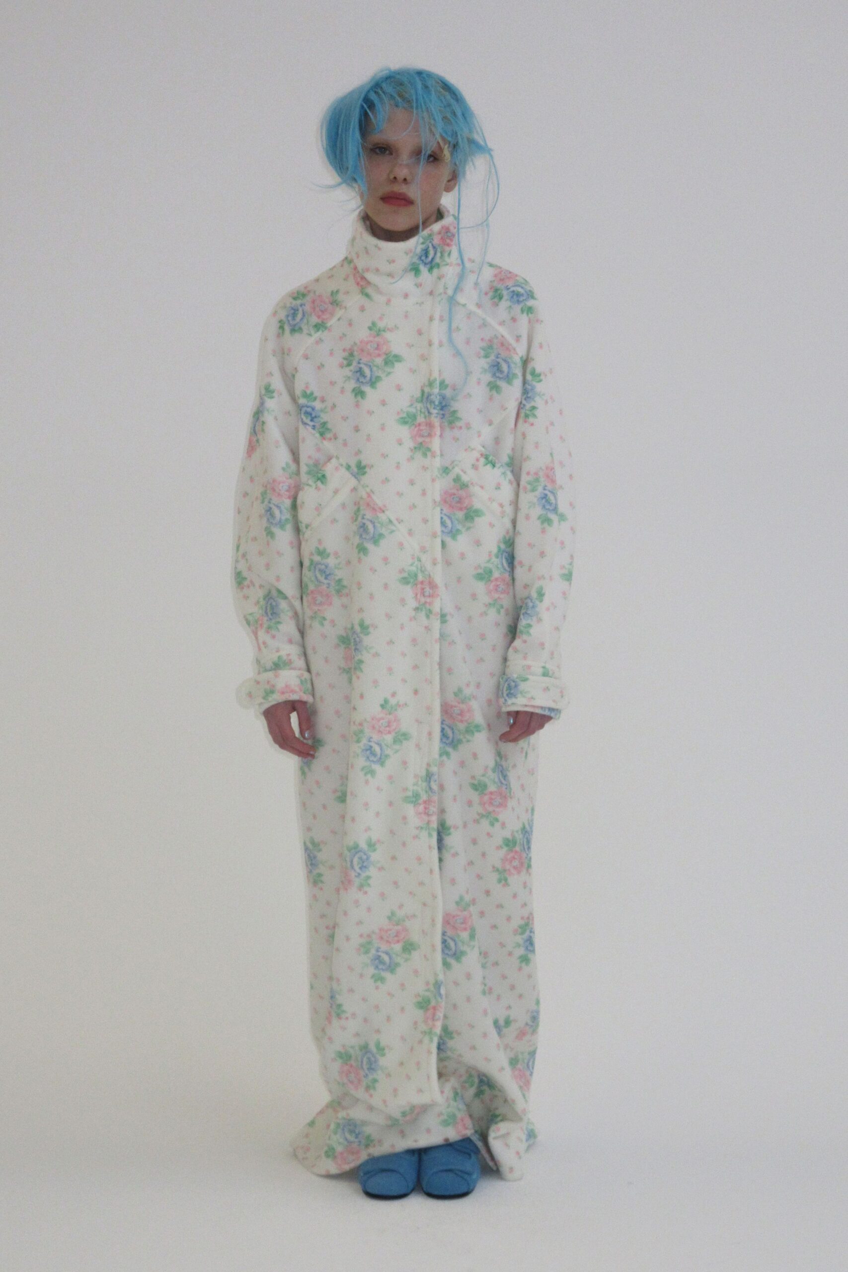 white cotton long-sleeve collared relaxed floral zippered dress
