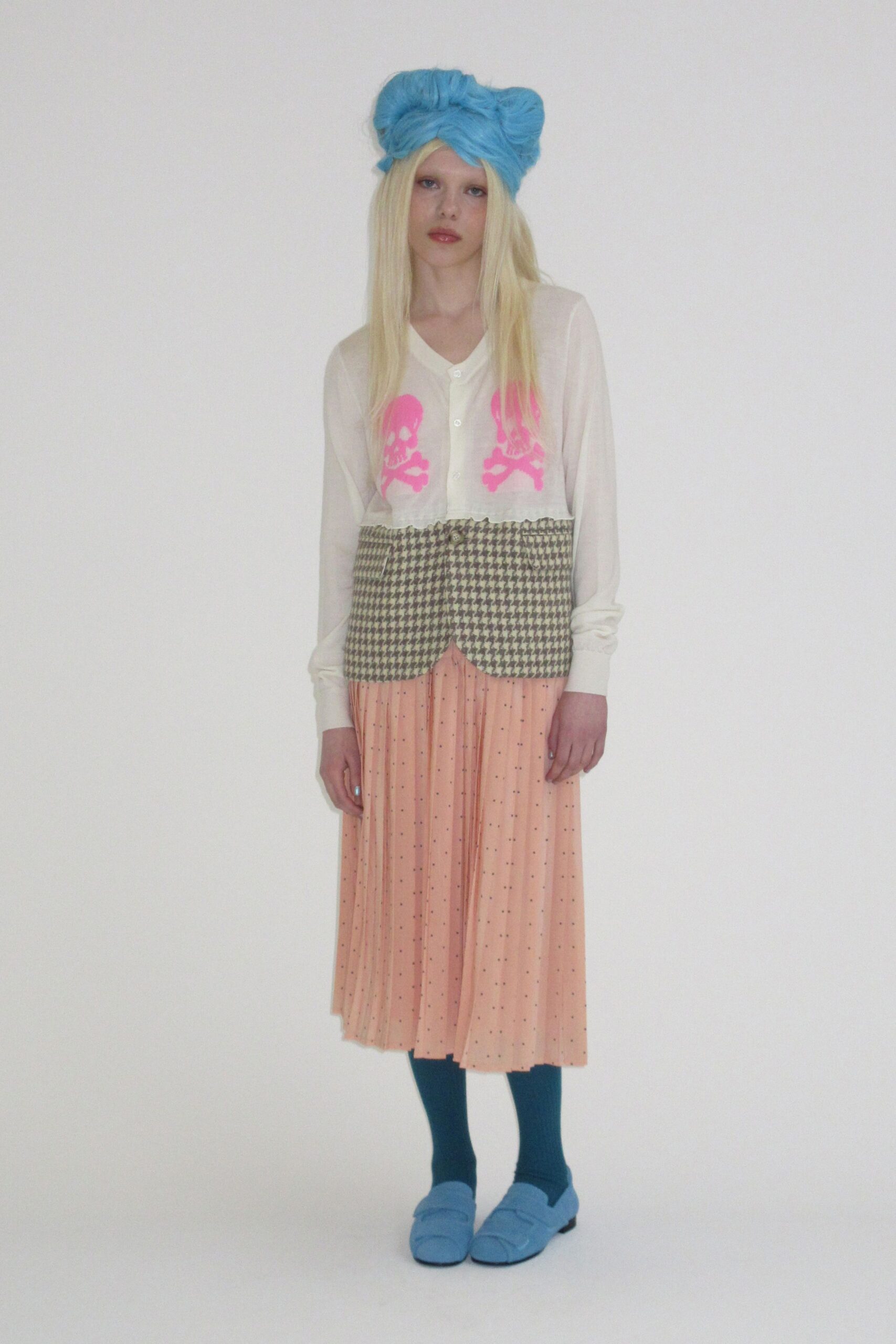 coral chiffon fitted pleated midi skirt
