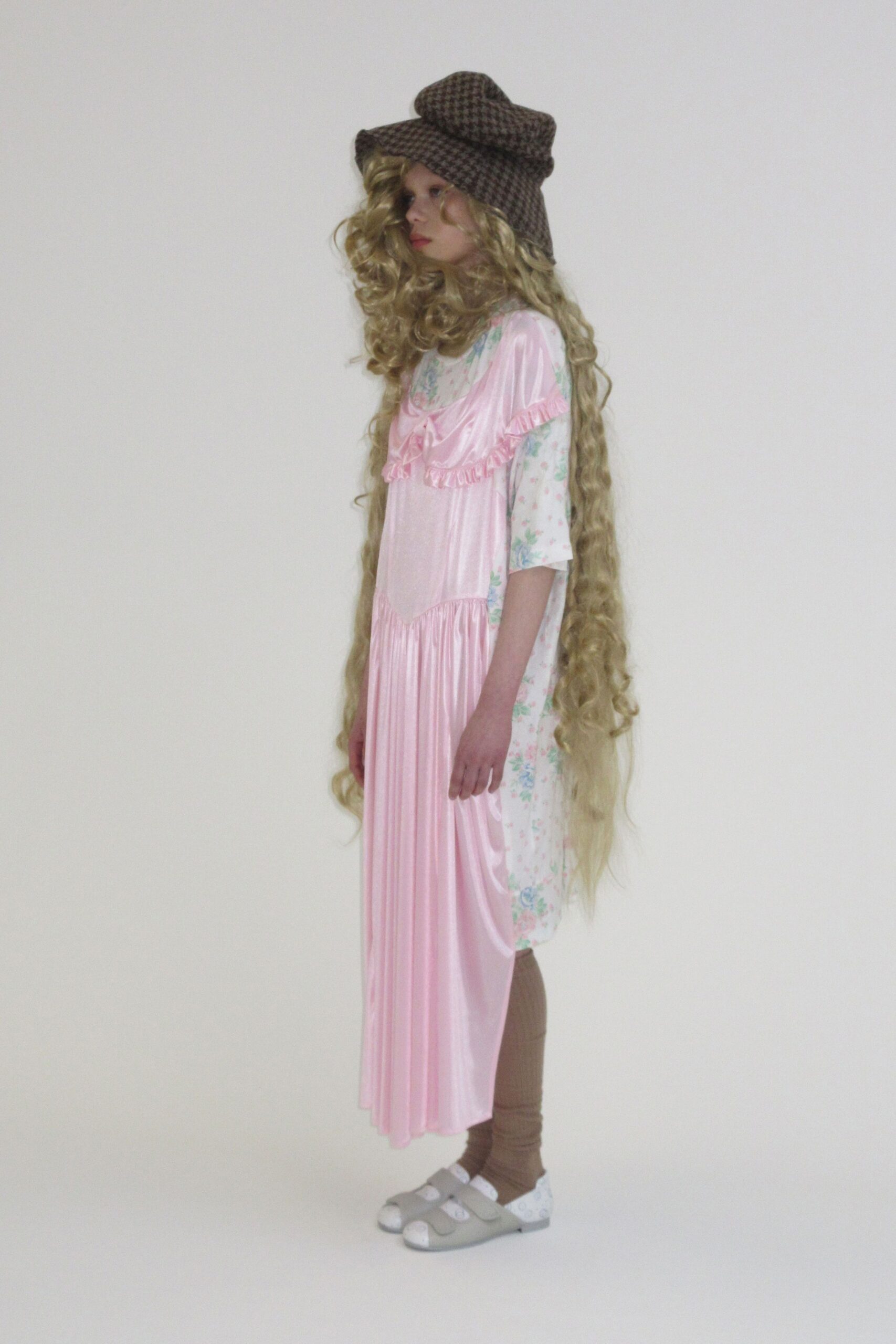 pink silk short-sleeve v-neck relaxed floral pleated dress
