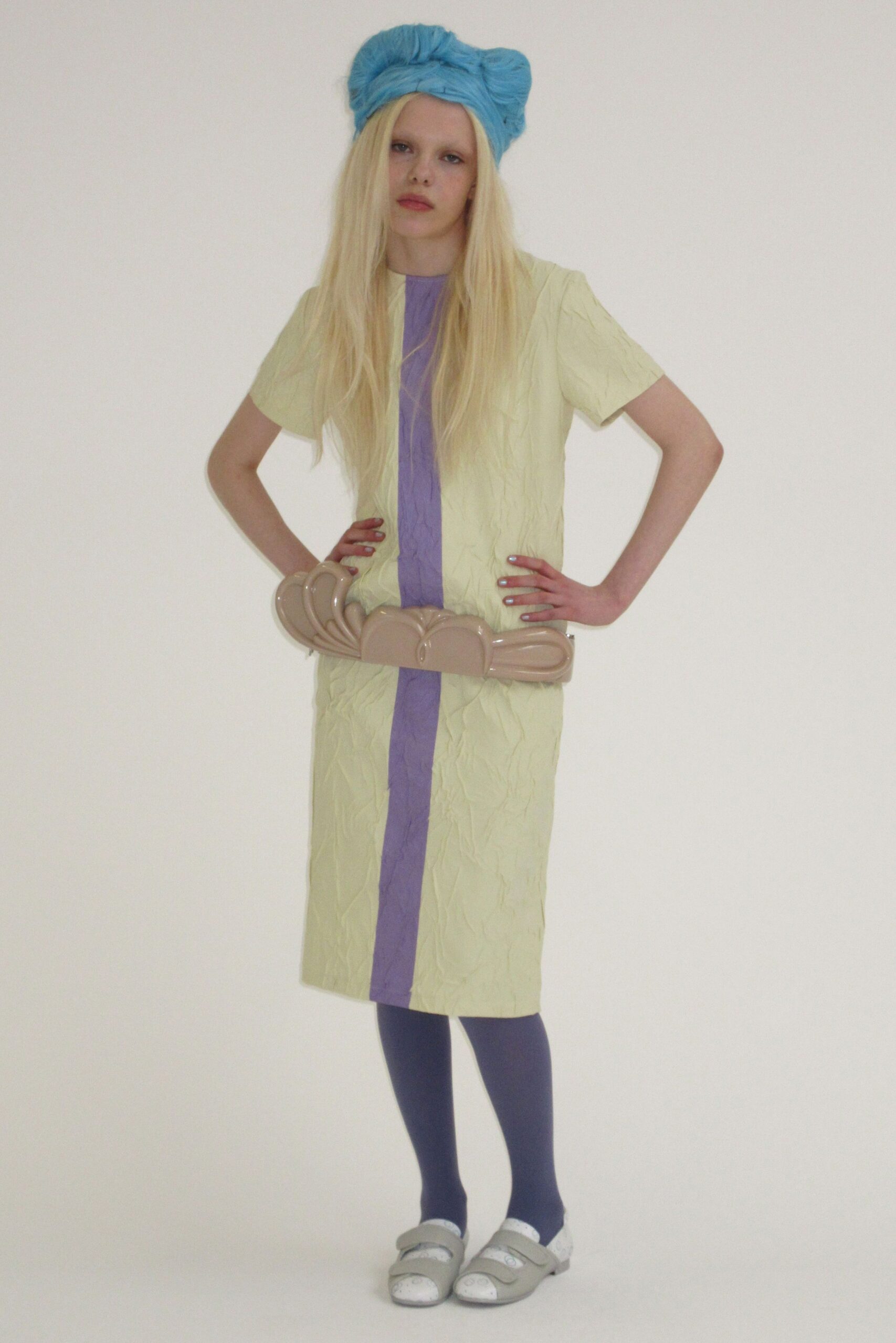 yellow cotton short-sleeve collared fitted pleated midi dress