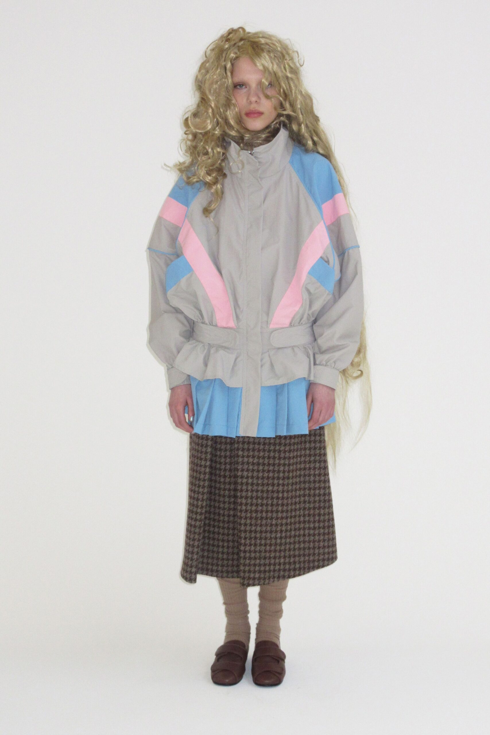 oversized color-blocked jacket with midi skirt
