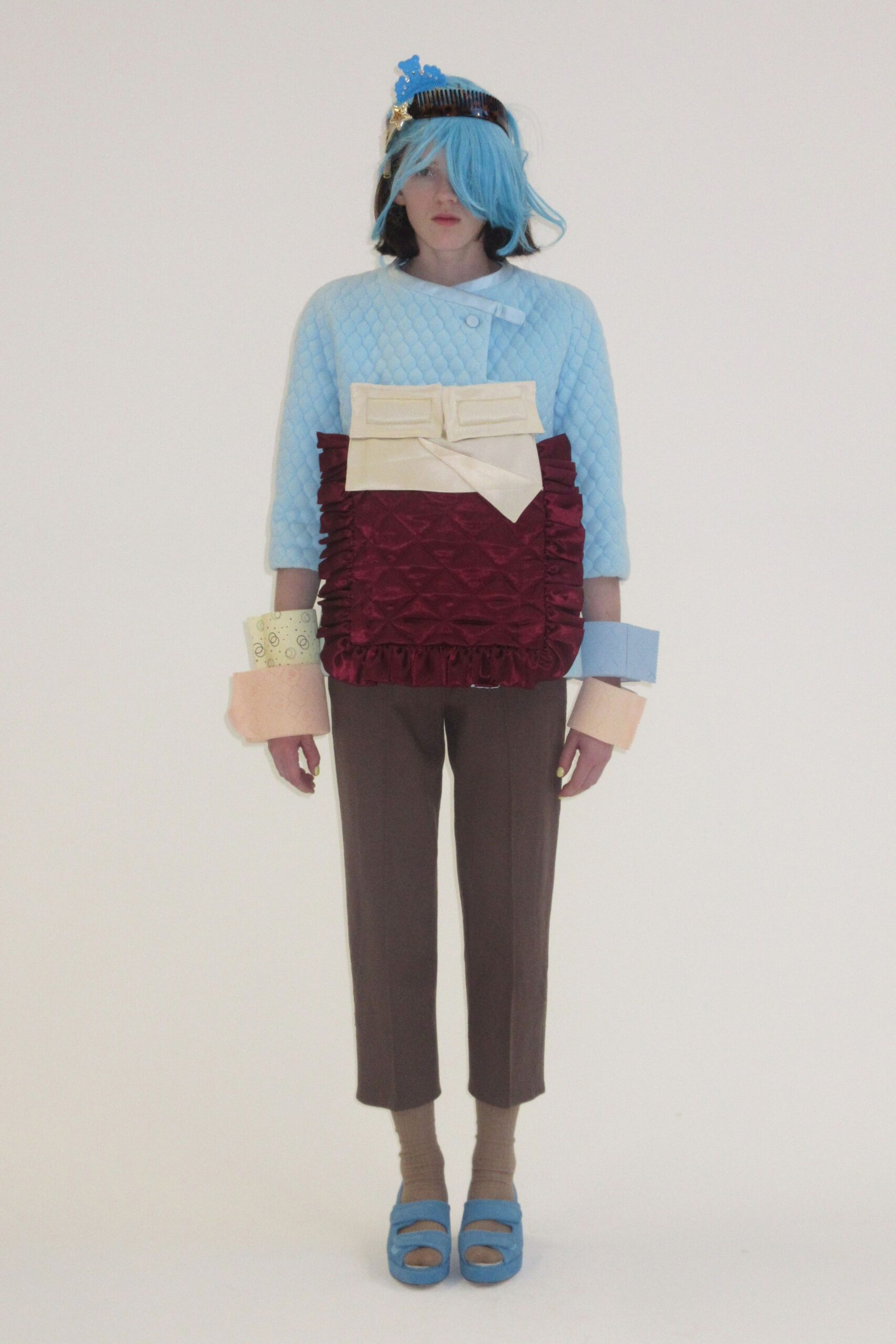 blue cotton long-sleeve collared relaxed quilted sweater