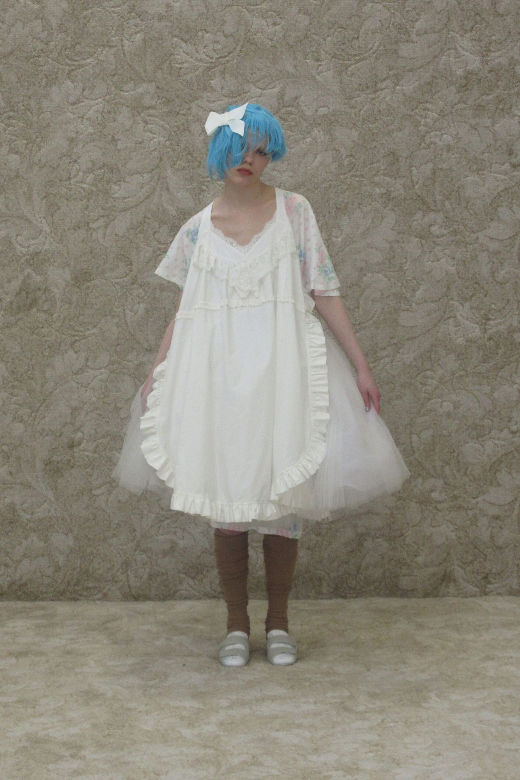 white ruffled mini dress with colorful top