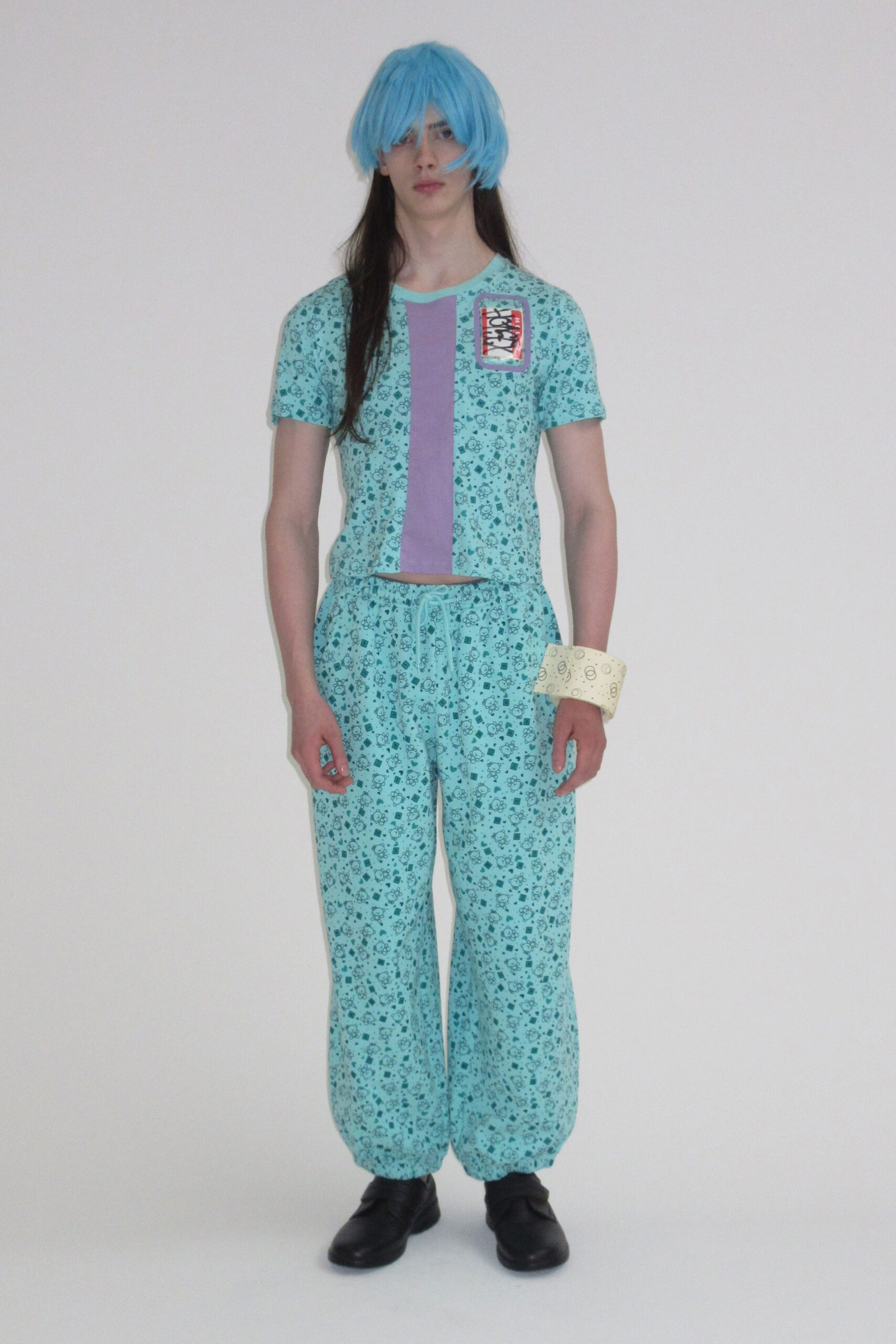 teal cotton short-sleeve collared relaxed printed wide-leg jumpsuit