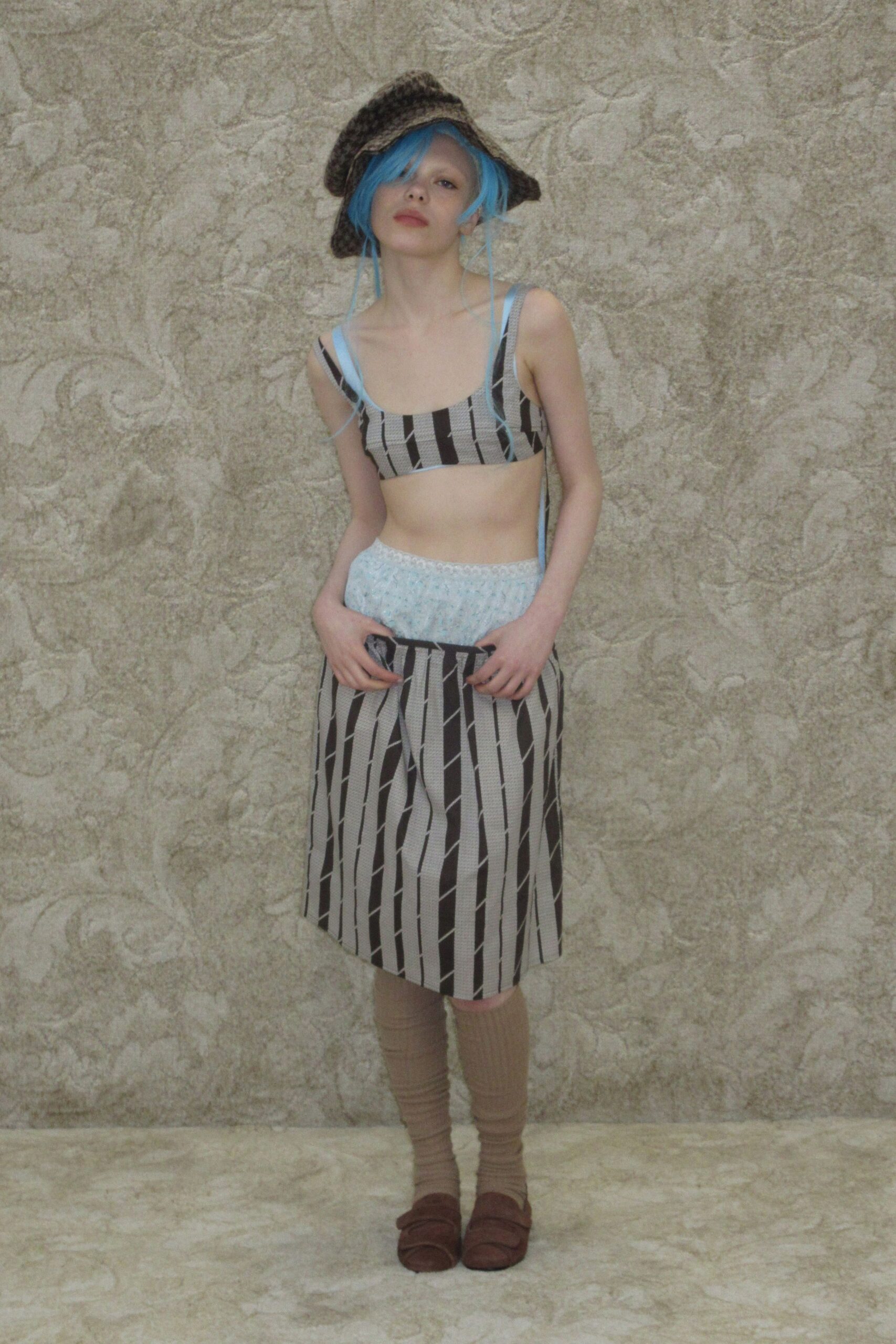 beige striped crop-top and skirt