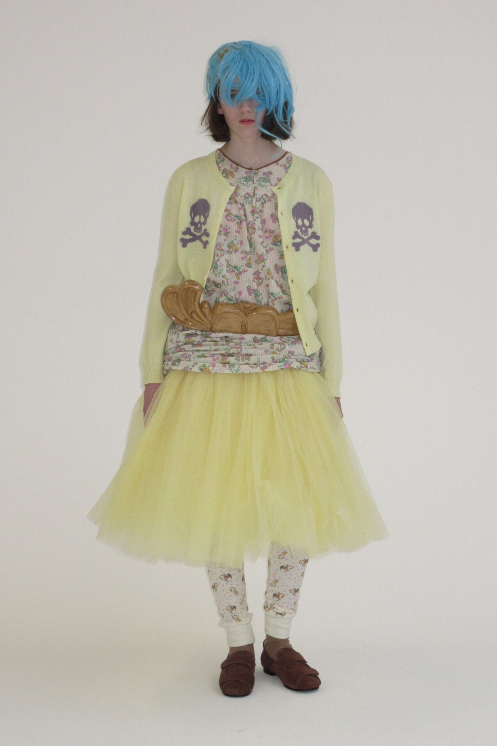 yellow long-sleeve collared relaxed embroidered cardigan